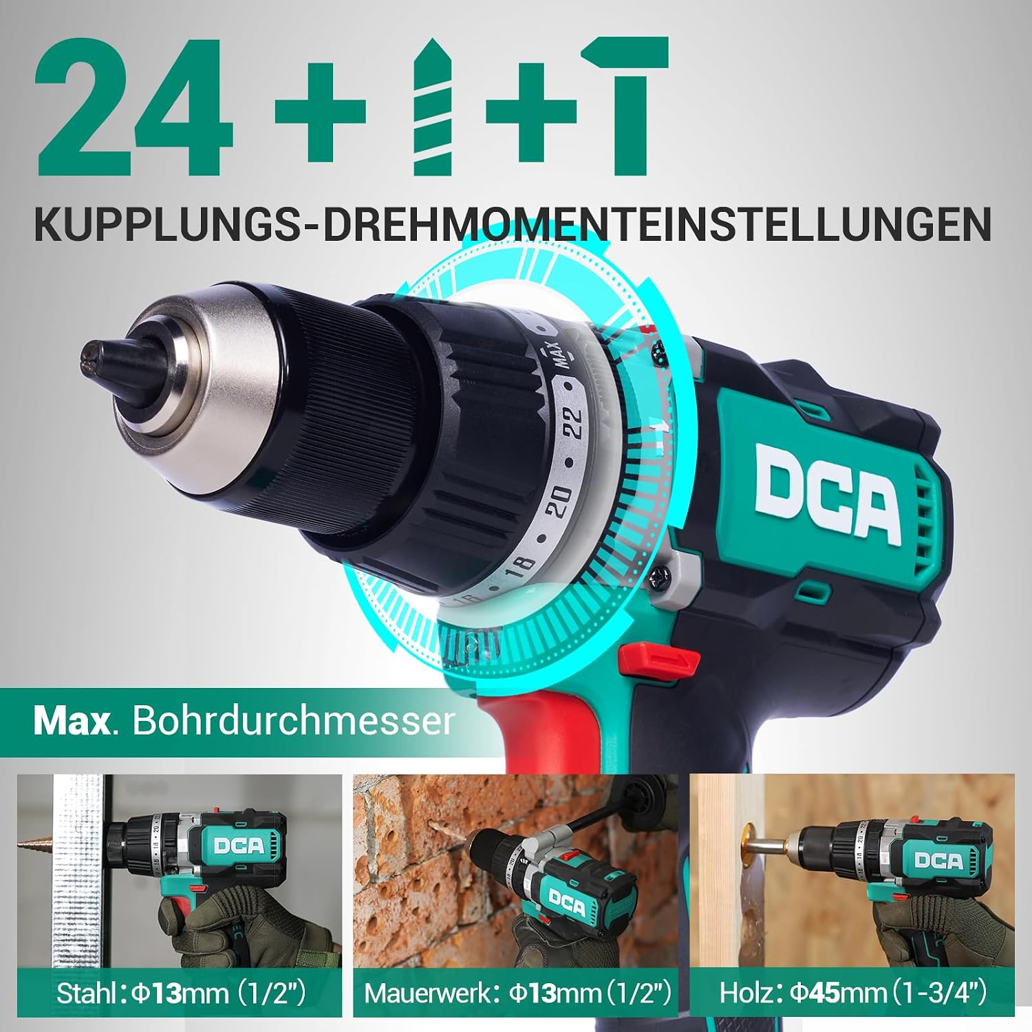 DCA Akku-Schlagbohrschrauber-Set 18V 120Nm, Bürstenloser Schlagbohrmaschine mit 1x4,0Ah Akku, 24+1+1 Drehmomentstufen Schlagbohrer (zum Bohren, Schrauben, Schlagbohren, 13mm Bohrfutter, 3 DCA Akku-Schlagbohrschrauber-Set 18V 120Nm, Bürstenloser Schlagbohrmaschine mit 1x4,0Ah Akku, 24+1+1 Drehmomentstufen Schlagbohrer (zum Bohren, Schrauben, Schlagbohren, 13mm Bohrfutter, – Bild 3