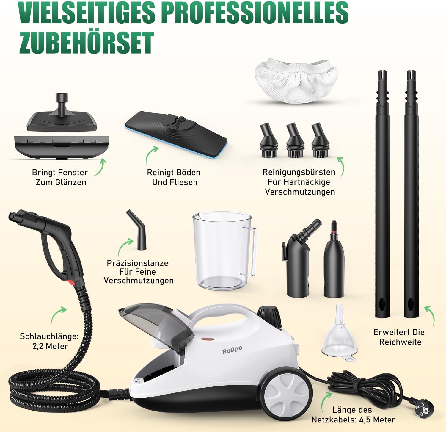 Rolipo Dampfreiniger, Dampfdruck: 4 Bar, Leistung: 2000 W, Tank: Max 2 L, Düsen und Rundbürste von Böden, Sofas, Polstermöbel und Autos 2 Rolipo Dampfreiniger, Dampfdruck: 4 Bar, Leistung: 2000 W, Tank: Max 2 L, Düsen und Rundbürste von Böden, Sofas, Polstermöbel und Autos – Bild 2