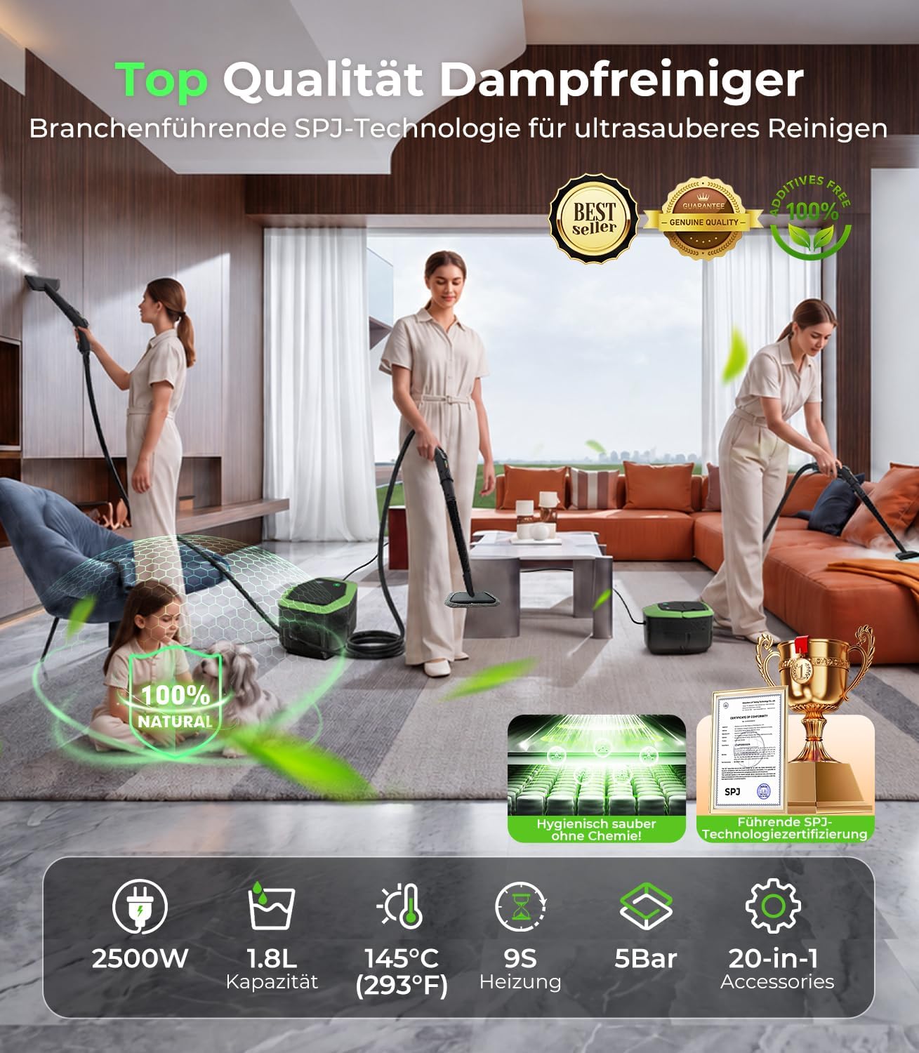 20-IN-1 Dampfreiniger Handgerät【100% Kühler & Akkufreier Griff–Neueste NH Labor-Technik】【99,99% Keimreduktion–SPJ Spitzentechnik】Dampfreiniger für Alles, Steam Cleaner für Fußboden, Sofa (Grün) 2 20-IN-1 Dampfreiniger Handgerät【100% Kühler & Akkufreier Griff–Neueste NH Labor-Technik】【99,99% Keimreduktion–SPJ Spitzentechnik】Dampfreiniger für Alles, Steam Cleaner für Fußboden, Sofa (Grün) – Bild 2