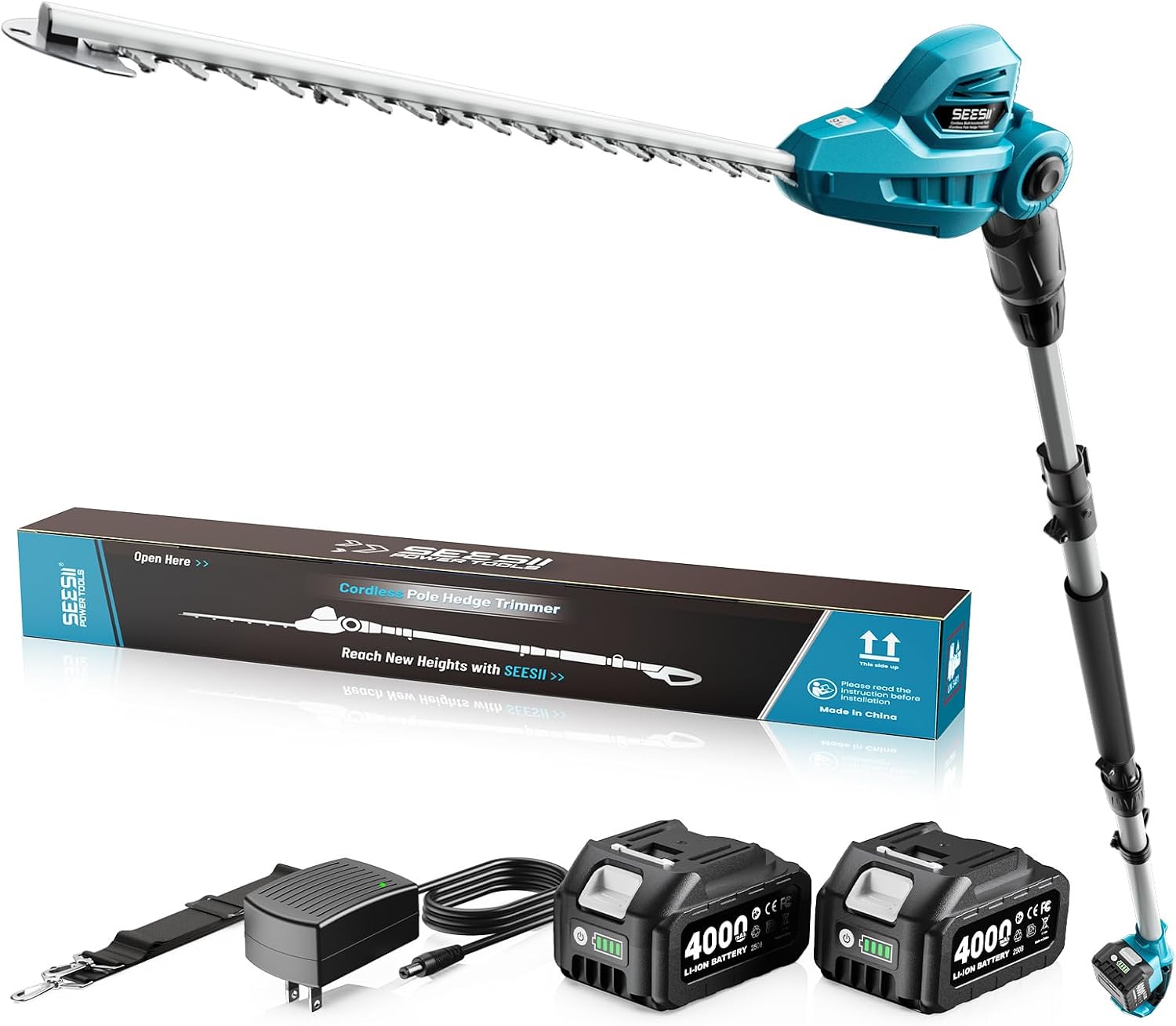SEESII 20V Teleskop Heckenschere Akku, 40 cm Doppelmesser, 2 × 4,0 Ah Akkus
