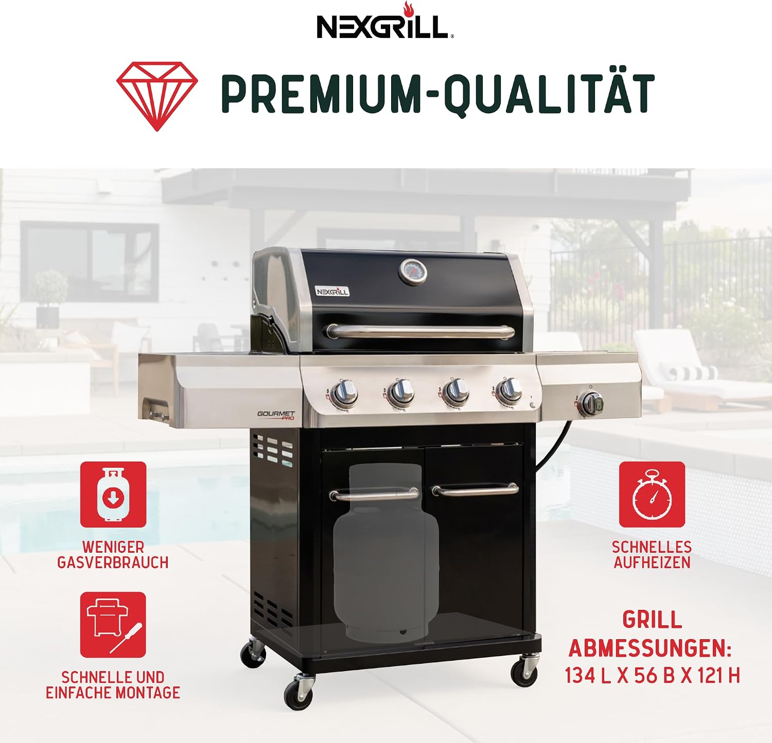 Nexgrill Gourmet Pro 4-Brenner Gasgrill mit Seitenkochfeld & Plancha (Griddle-Max System) – Edelstahl Gasgrill mit porzellanbeschichteten Gusseisenrosten, Ideal für Garten, Balkon & BBQ-Events 3 Nexgrill Gourmet Pro 4-Brenner Gasgrill mit Seitenkochfeld & Plancha (Griddle-Max System) – Edelstahl Gasgrill mit porzellanbeschichteten Gusseisenrosten, Ideal für Garten, Balkon & BBQ-Events – Bild 3