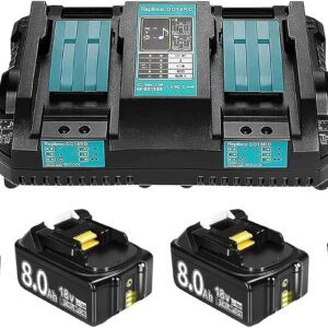 4X 18V 8000mAh Ersatzakku + 6A DC18RD Dual Port Ladegerät Kompatibel mit Ma-Kita 14.4V-18V BL1830 BL1850 BL1860 BL1840 etc Werkzeugakku und DC18RD DC18RC DC18SF DC18RA DC18RF Ladegerät