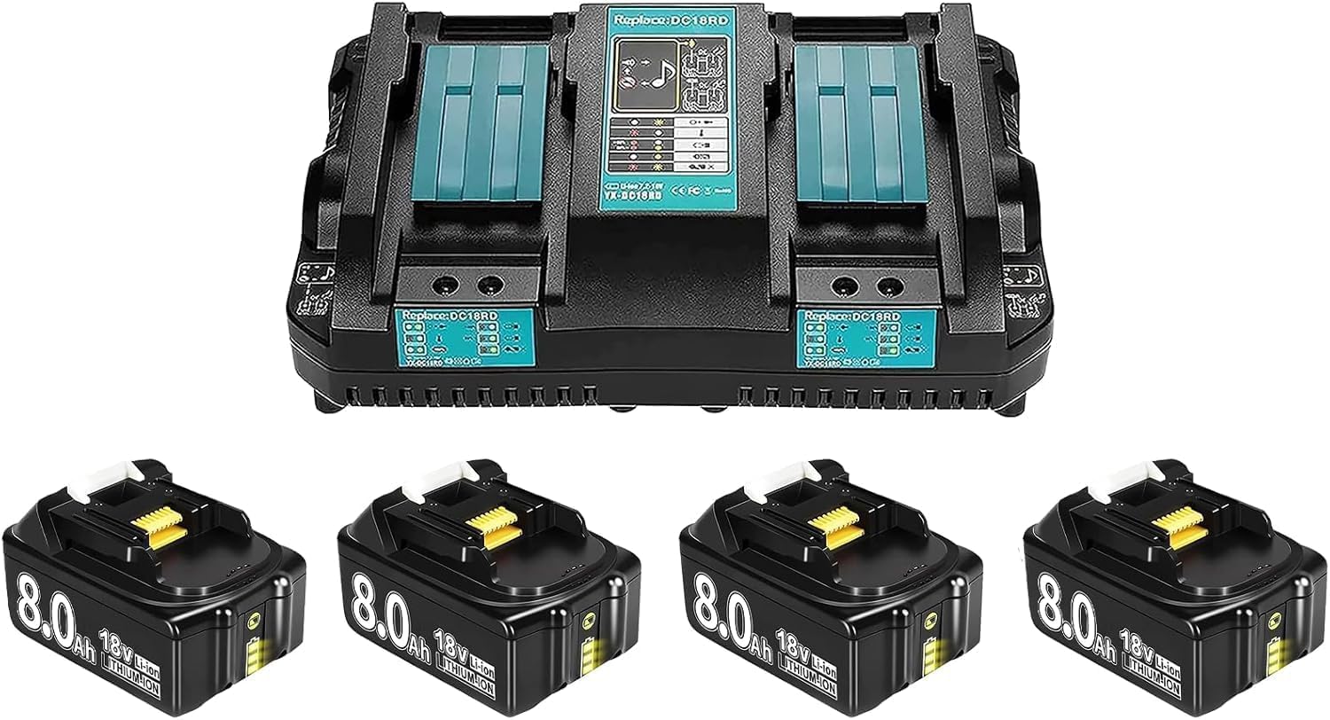 4X 18V 8000mAh Ersatzakku + 6A DC18RD Dual Port Ladegerät Kompatibel mit Ma-Kita 14.4V-18V BL1830 BL1850 BL1860 BL1840 etc Werkzeugakku und DC18RD DC18RC DC18SF DC18RA DC18RF Ladegerät 1 4X 18V 8000mAh Ersatzakku + 6A DC18RD Dual Port Ladegerät Kompatibel mit Ma-Kita 14.4V-18V BL1830 BL1850 BL1860 BL1840 etc Werkzeugakku und DC18RD DC18RC DC18SF DC18RA DC18RF Ladegerät