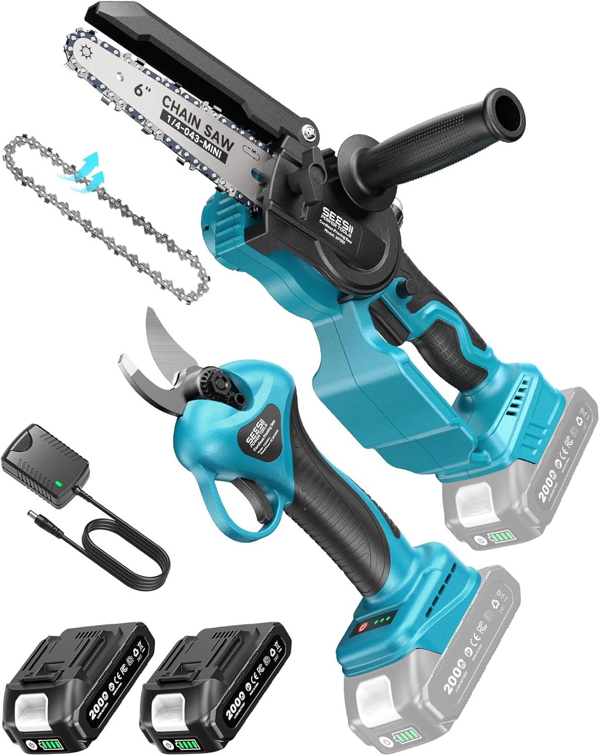 SEESII 6 Zoll Mini Akku Kettensäge, 2-in-1 Elektrische Astschere für Stamm 1 SEESII 6 Zoll Mini Akku Kettensäge, 2-in-1 Elektrische Astschere für Stamm