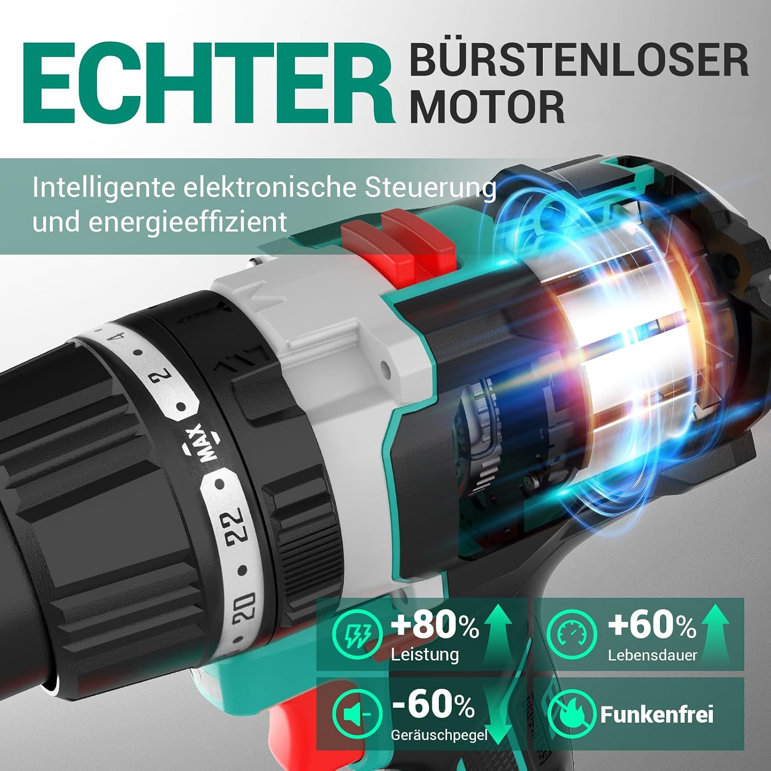 DCA Akku-Schlagbohrschrauber-Set 18V 120Nm, Bürstenloser Schlagbohrmaschine mit 1x4,0Ah Akku, 24+1+1 Drehmomentstufen Schlagbohrer (zum Bohren, Schrauben, Schlagbohren, 13mm Bohrfutter, 5 DCA Akku-Schlagbohrschrauber-Set 18V 120Nm, Bürstenloser Schlagbohrmaschine mit 1x4,0Ah Akku, 24+1+1 Drehmomentstufen Schlagbohrer (zum Bohren, Schrauben, Schlagbohren, 13mm Bohrfutter, – Bild 5