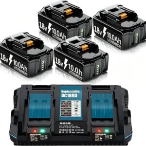4X 18V 10Ah Ersatzakku für makita akku + Dual Port 6A Ladegerät BL1860B BL1850B BL1840 BL1830 BL1835 BL1845 194205-L1845 BL1890 BL1415 BL1430 BL1440 BL1835 194205-3 LXT-400 with LED Werkzeugakku