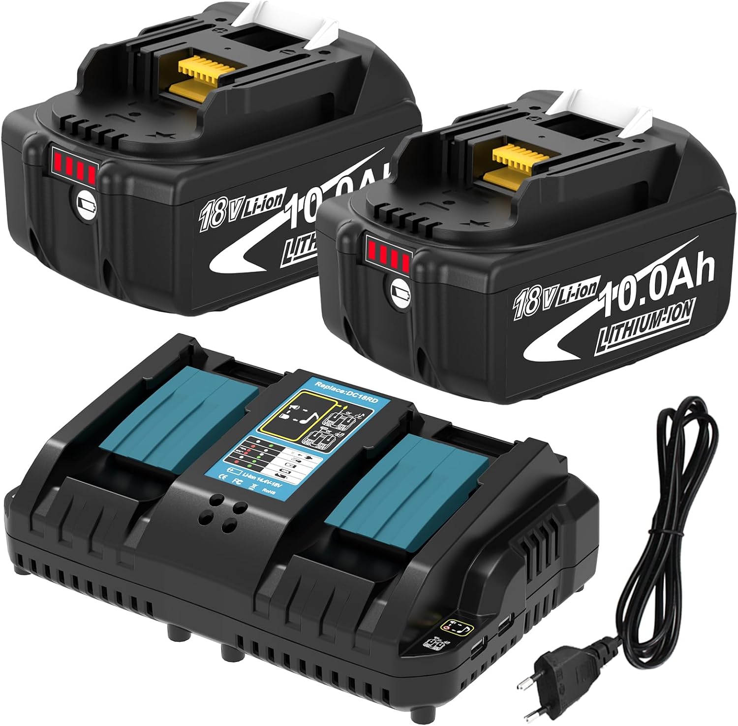 2 Stück 10.0Ah Ersatzakku für Makita Akku 18V+Doppel-Ladegerät DC18RD