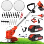OUTIGO Akku-Rasentrimmer mit 2 * 21V Akku, 4 Messer, dreifach klappbarer Mäher, Rasenmäher, Akku-Gartenmäher für Rasen, Sträucher und Büsche. (Orange-FBA)