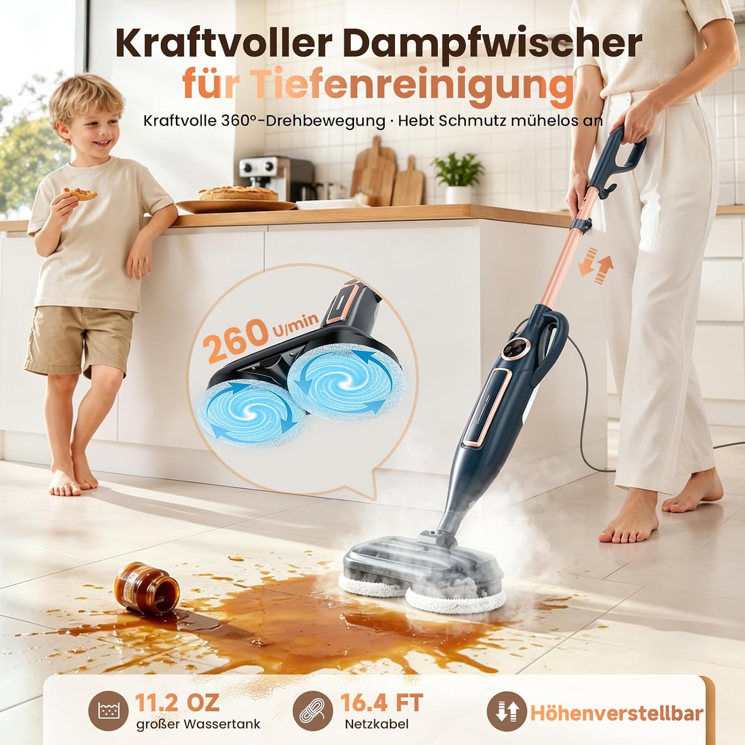 Dampfreiniger, Dampfbesen Steam Mop mit Rotationspads 8-in-1,1300W 3 Dampfreiniger, Dampfbesen Steam Mop mit Rotationspads 8-in-1,1300W – Bild 3