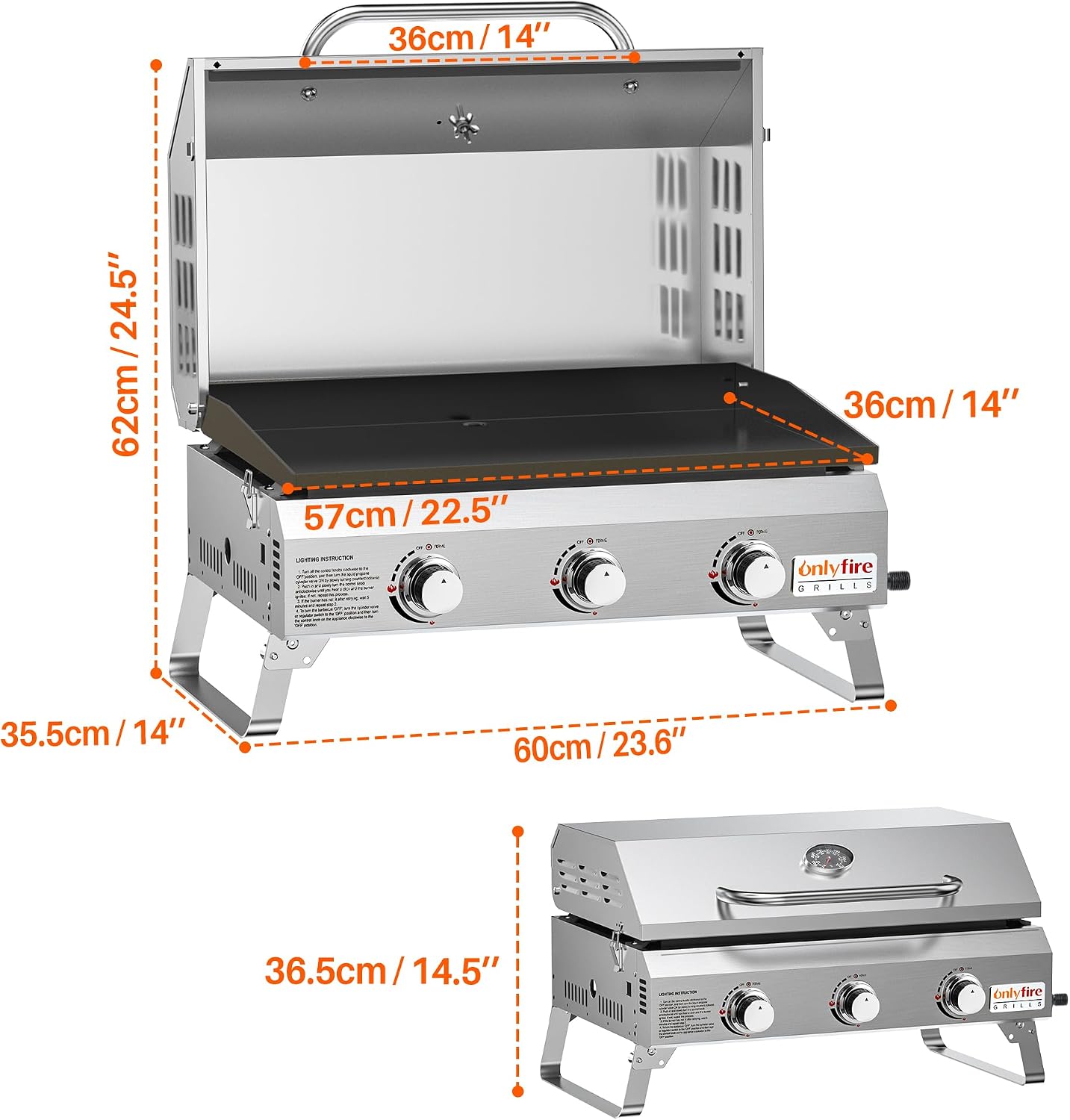 Onlyfire Tischgasgrill mit 3 Brenner | Edelstahl Plancha Gasgrill | mit Deckel, Grillplatte, Thermometer | Grillfläche 57 x 36 cm | Keramische Lackbeschichtung | BBQ Camping | Tragbarer Balkongrill 2 Onlyfire Tischgasgrill mit 3 Brenner | Edelstahl Plancha Gasgrill | mit Deckel, Grillplatte, Thermometer | Grillfläche 57 x 36 cm | Keramische Lackbeschichtung | BBQ Camping | Tragbarer Balkongrill – Bild 2