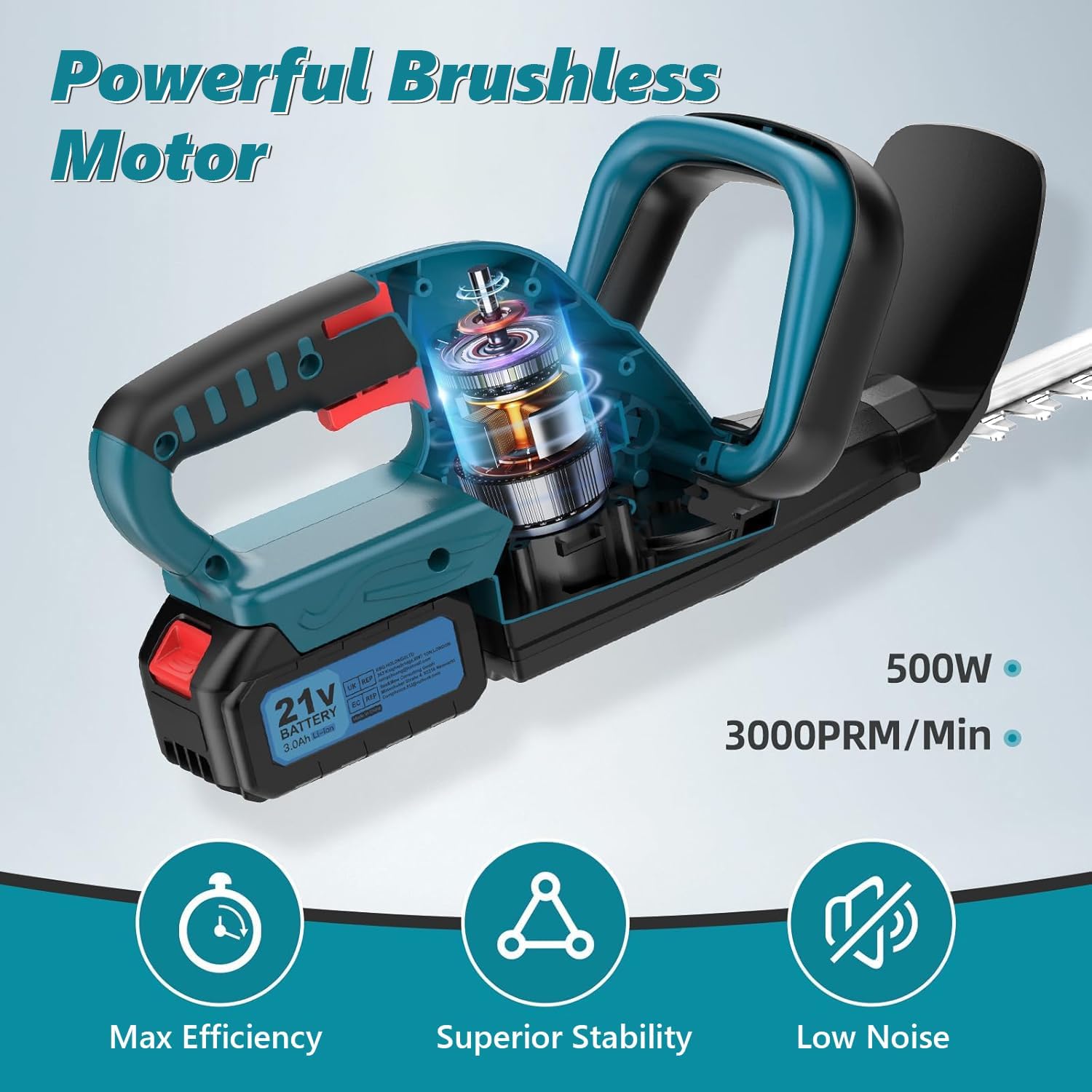 21V Brushless Akku-Heckenschere mit 3.0Ah Akku & Ladegerät – 500W Power, 3000 U/min, 530mm Schnittlänge & 20mm Zahnabstand | Professioneller Heckentrimmer für Dicke Äste 3 21V Brushless Akku-Heckenschere mit 3.0Ah Akku & Ladegerät – 500W Power, 3000 U/min, 530mm Schnittlänge & 20mm Zahnabstand | Professioneller Heckentrimmer für Dicke Äste – Bild 3