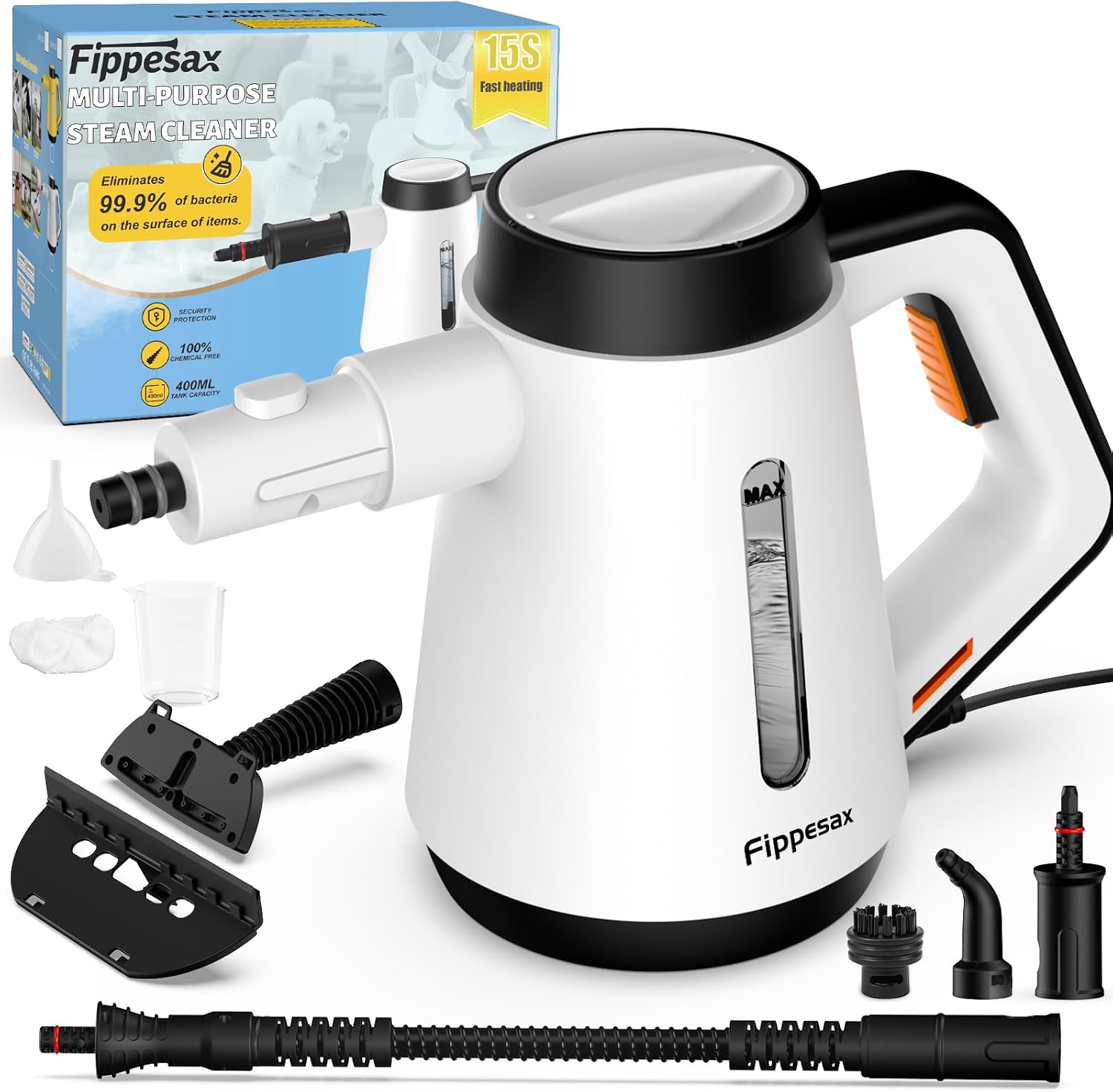 Fippesax Handdampfreiniger 1200W, 15s Schnellheizung, 400ml Tank, 9-teiliges Zubehör, chemikalienfrei 1 Fippesax Handdampfreiniger 1200W, 15s Schnellheizung, 400ml Tank, 9-teiliges Zubehör, chemikalienfrei