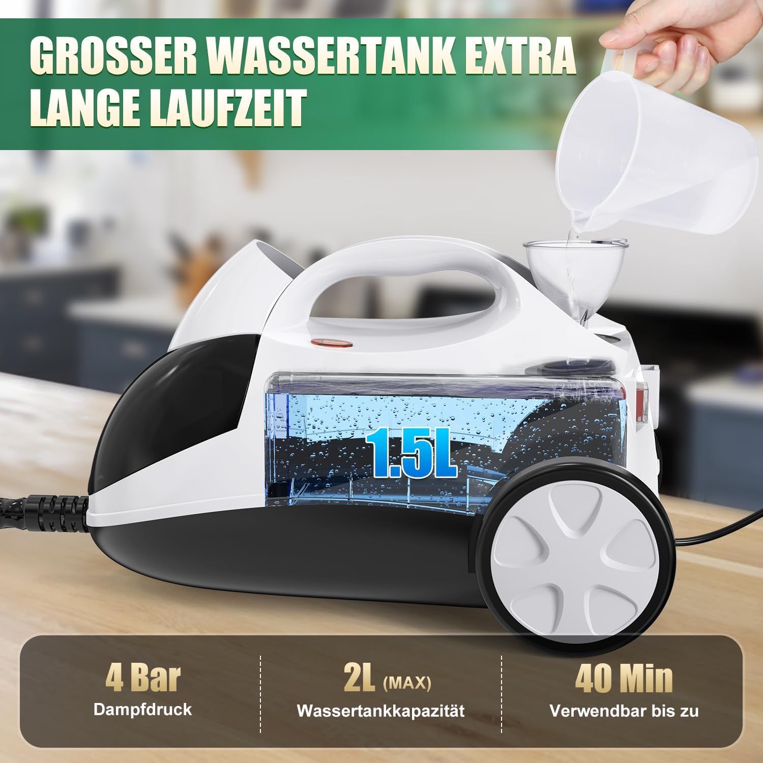 Rolipo Dampfreiniger, Dampfdruck: 4 Bar, Leistung: 2000 W, Tank: Max 2 L, Düsen und Rundbürste von Böden, Sofas, Polstermöbel und Autos 3 Rolipo Dampfreiniger, Dampfdruck: 4 Bar, Leistung: 2000 W, Tank: Max 2 L, Düsen und Rundbürste von Böden, Sofas, Polstermöbel und Autos – Bild 3