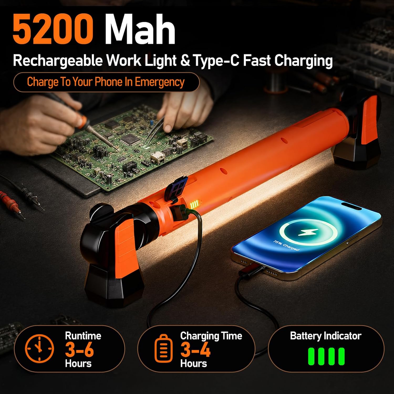 Arbeitsleuchte Led Akku 3000LM 5200mAh, Werkstattlampe, Anwesenheits-Sensor 4 Arbeitsleuchte Led Akku 3000LM 5200mAh, Werkstattlampe, Anwesenheits-Sensor – Bild 4