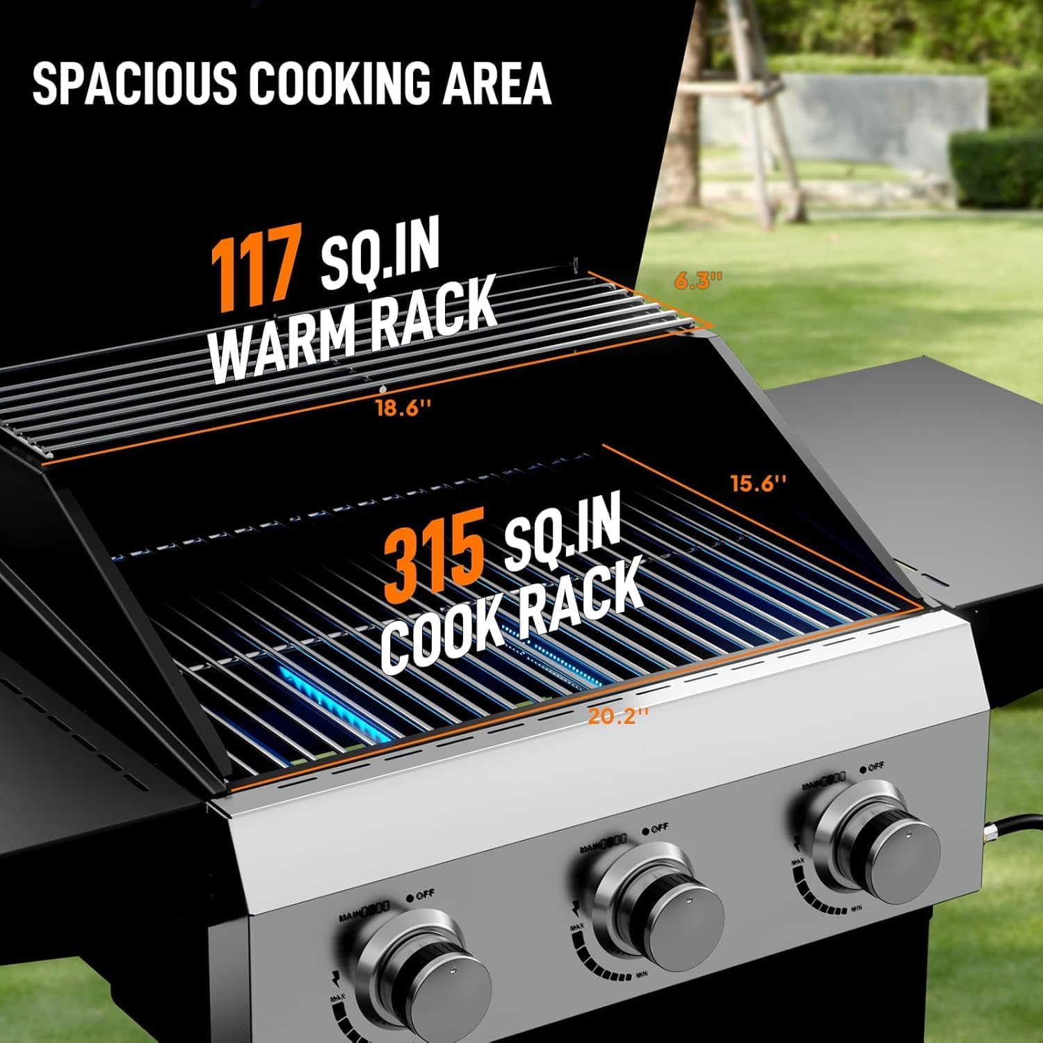 LEADZM Gasgrill 3 Brenner 10,5 kW - 50-Mbar-Druckminderungsventilgas grill mit Deckel, Vollständig ausgestattet, Gasbetriebener Grillwagen, geeignet für Camping, Gärten und Strände 4 LEADZM Gasgrill 3 Brenner 10,5 kW - 50-Mbar-Druckminderungsventilgas grill mit Deckel, Vollständig ausgestattet, Gasbetriebener Grillwagen, geeignet für Camping, Gärten und Strände – Bild 4