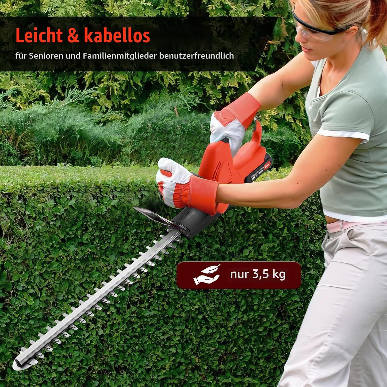 Akku Heckenschere Profi Hecken & Strauchschere 51cm Schnittlänge Inkl. Handschuhe, Schutzhülle & 21V Akku 3,0 Ah mit Ladegerät, Schnittstärke 15 mm Dual Schnittklingen Ergonomischer Grif 4 Akku Heckenschere Profi Hecken & Strauchschere 51cm Schnittlänge Inkl. Handschuhe, Schutzhülle & 21V Akku 3,0 Ah mit Ladegerät, Schnittstärke 15 mm Dual Schnittklingen Ergonomischer Grif – Bild 4