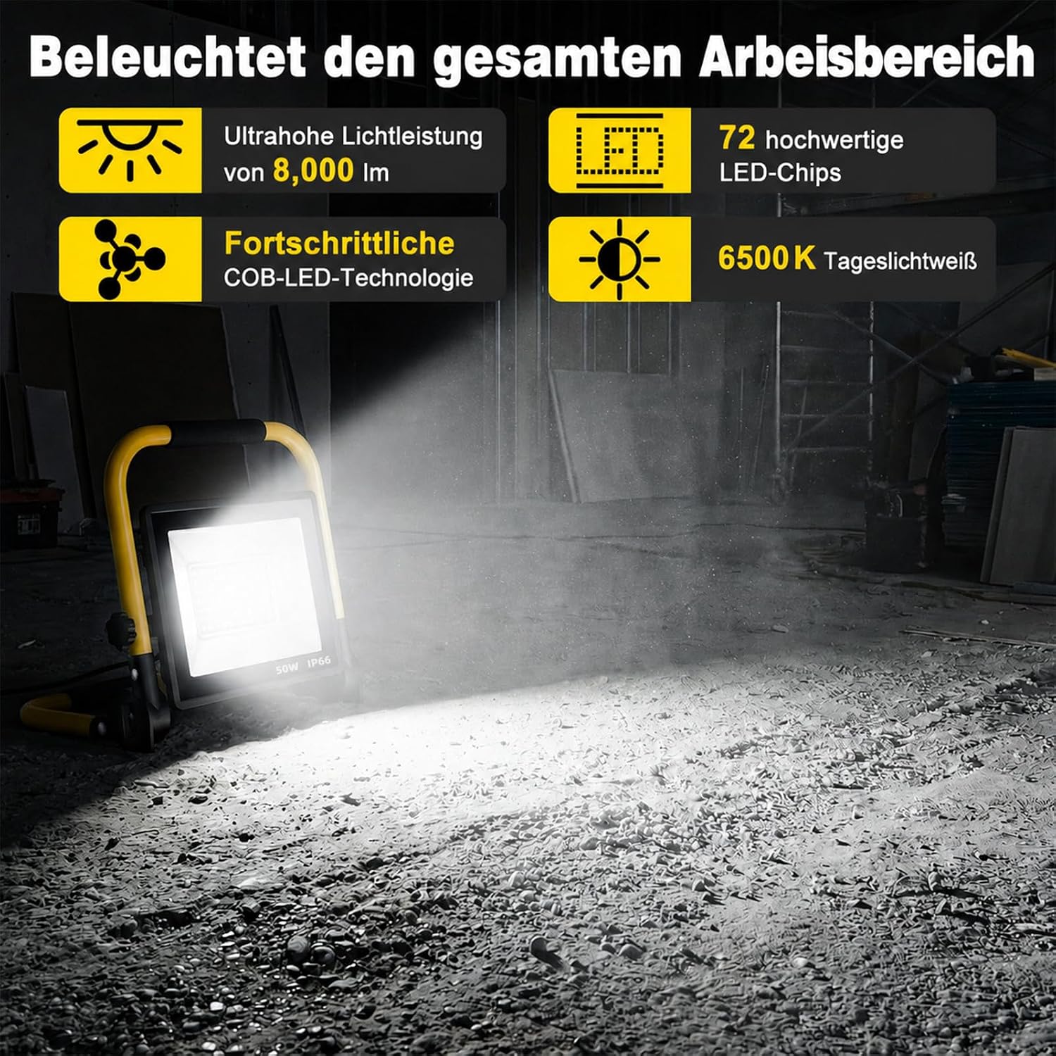 SOARFLY LED Baustrahler 50W 10000LM, Superhelle Arbeitsleuchte Tragbar, IP66 Wasserdicht, 6500K Tageslichtweiß, Baustellenlampe mit Schalter für Werkstatt, Garage und Baustelle 2 SOARFLY LED Baustrahler 50W 10000LM, Superhelle Arbeitsleuchte Tragbar, IP66 Wasserdicht, 6500K Tageslichtweiß, Baustellenlampe mit Schalter für Werkstatt, Garage und Baustelle – Bild 2