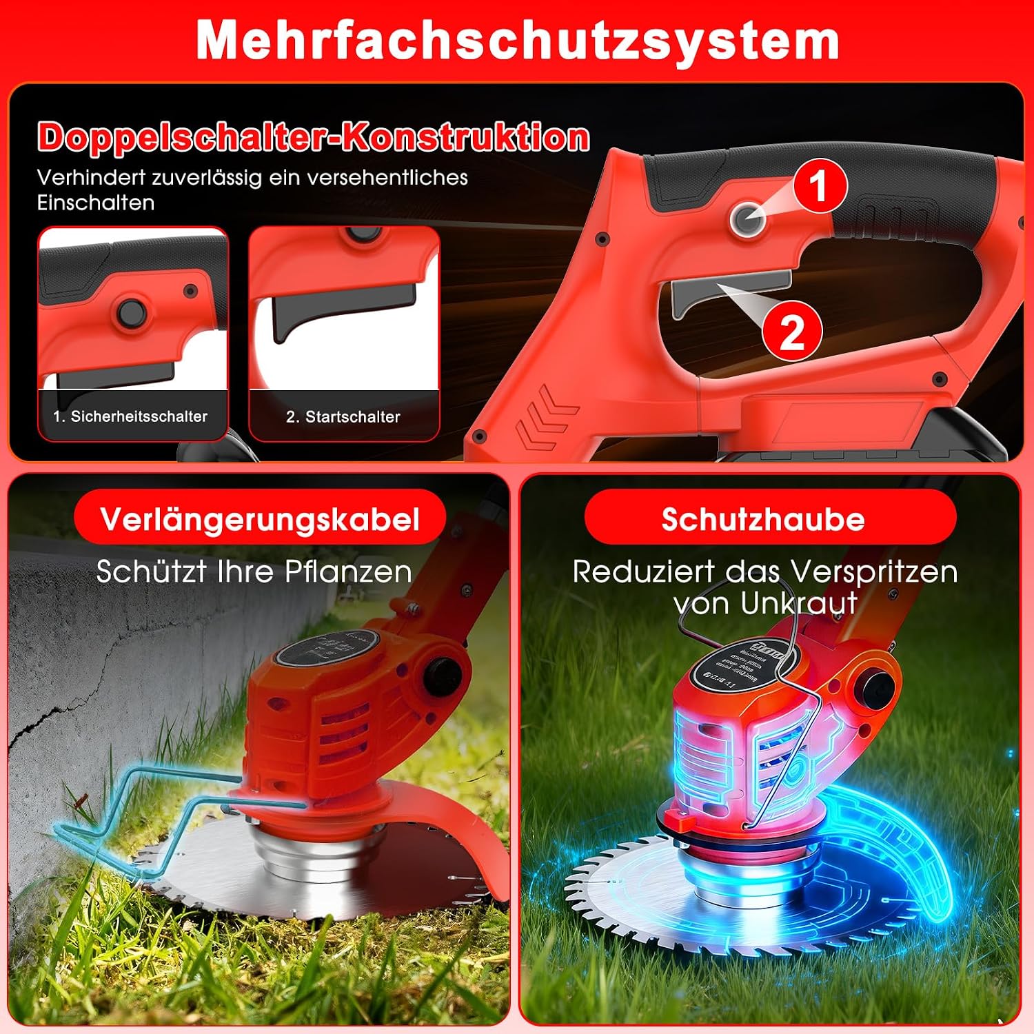 OUTIGO Akku-Rasentrimmer mit 2 * 21V Akku, 4 Messer, dreifach klappbarer Mäher, Rasenmäher, Akku-Gartenmäher für Rasen, Sträucher und Büsche. (Orange-FBA) 4 OUTIGO Akku-Rasentrimmer mit 2 * 21V Akku, 4 Messer, dreifach klappbarer Mäher, Rasenmäher, Akku-Gartenmäher für Rasen, Sträucher und Büsche. (Orange-FBA) – Bild 4