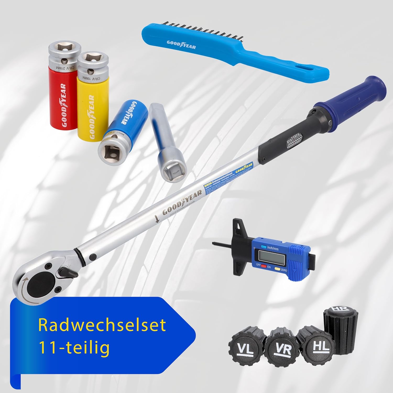 Goodyear Radwechselset, 11-teilig, Drehmomentschlüssel + 3-TLG. Steckschlüsselsatz + Verlängerung + div. Zubehör, Box 2 Goodyear Radwechselset, 11-teilig, Drehmomentschlüssel + 3-TLG. Steckschlüsselsatz + Verlängerung + div. Zubehör, Box – Bild 2