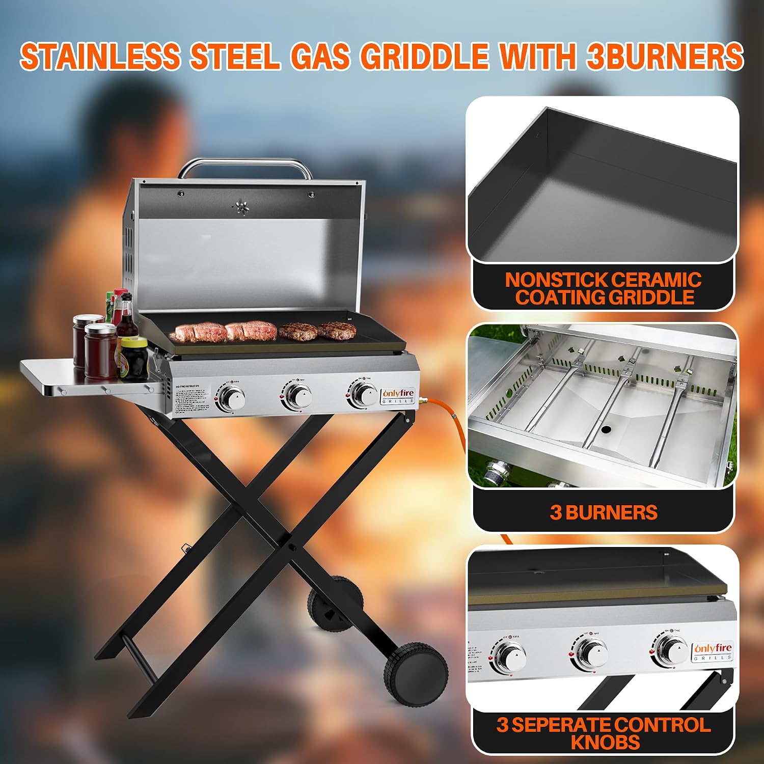 Onlyfire BBQ Gasgrill Grillwagen | Plancha Gasgrill 3 Brenner | mit Faltbarem Rollwagen, Keramische Lackbeschichtung Grillplatte, Rollen | Grillfläche 57x36cm | 7Kw | für Outdoor Camping Balkon Garten 3 Onlyfire BBQ Gasgrill Grillwagen | Plancha Gasgrill 3 Brenner | mit Faltbarem Rollwagen, Keramische Lackbeschichtung Grillplatte, Rollen | Grillfläche 57x36cm | 7Kw | für Outdoor Camping Balkon Garten – Bild 3
