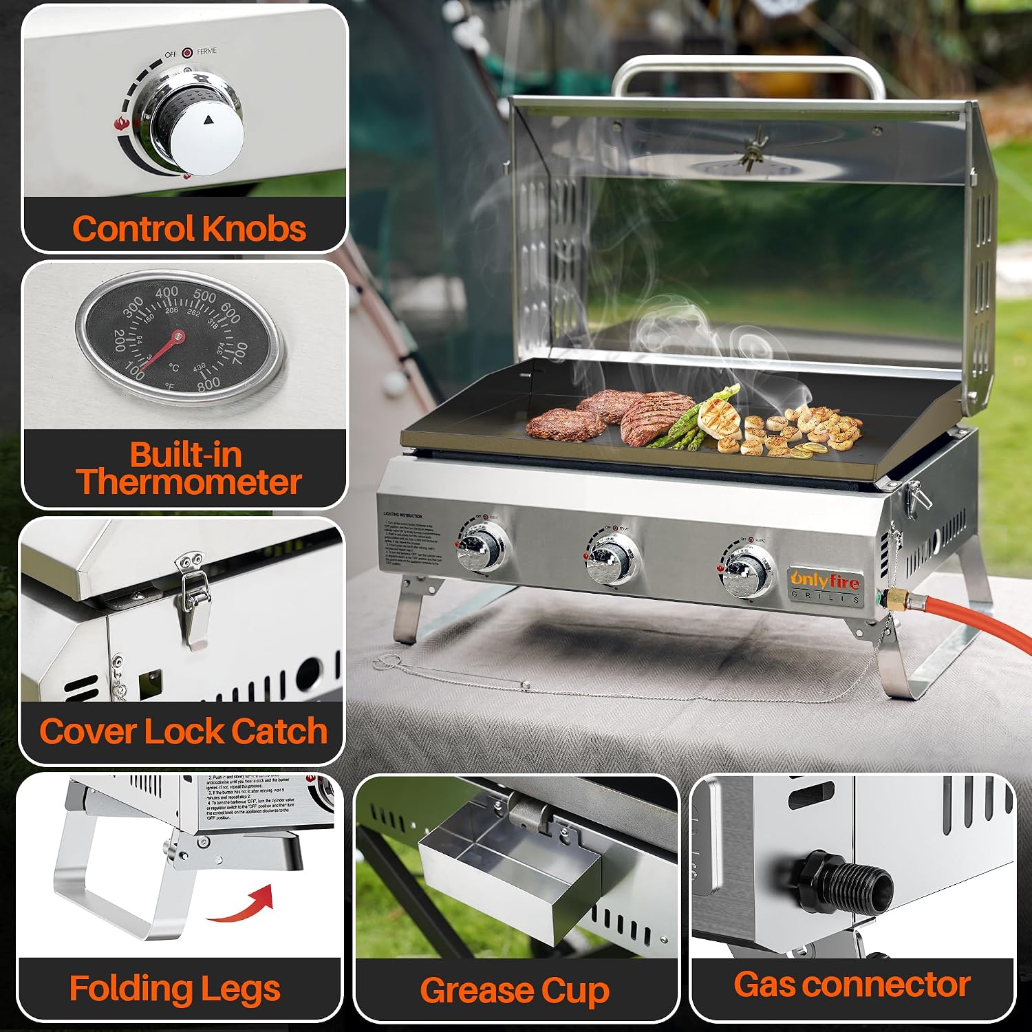 Onlyfire Tischgasgrill mit 3 Brenner | Edelstahl Plancha Gasgrill | mit Deckel, Grillplatte, Thermometer | Grillfläche 57 x 36 cm | Keramische Lackbeschichtung | BBQ Camping | Tragbarer Balkongrill 4 Onlyfire Tischgasgrill mit 3 Brenner | Edelstahl Plancha Gasgrill | mit Deckel, Grillplatte, Thermometer | Grillfläche 57 x 36 cm | Keramische Lackbeschichtung | BBQ Camping | Tragbarer Balkongrill – Bild 4