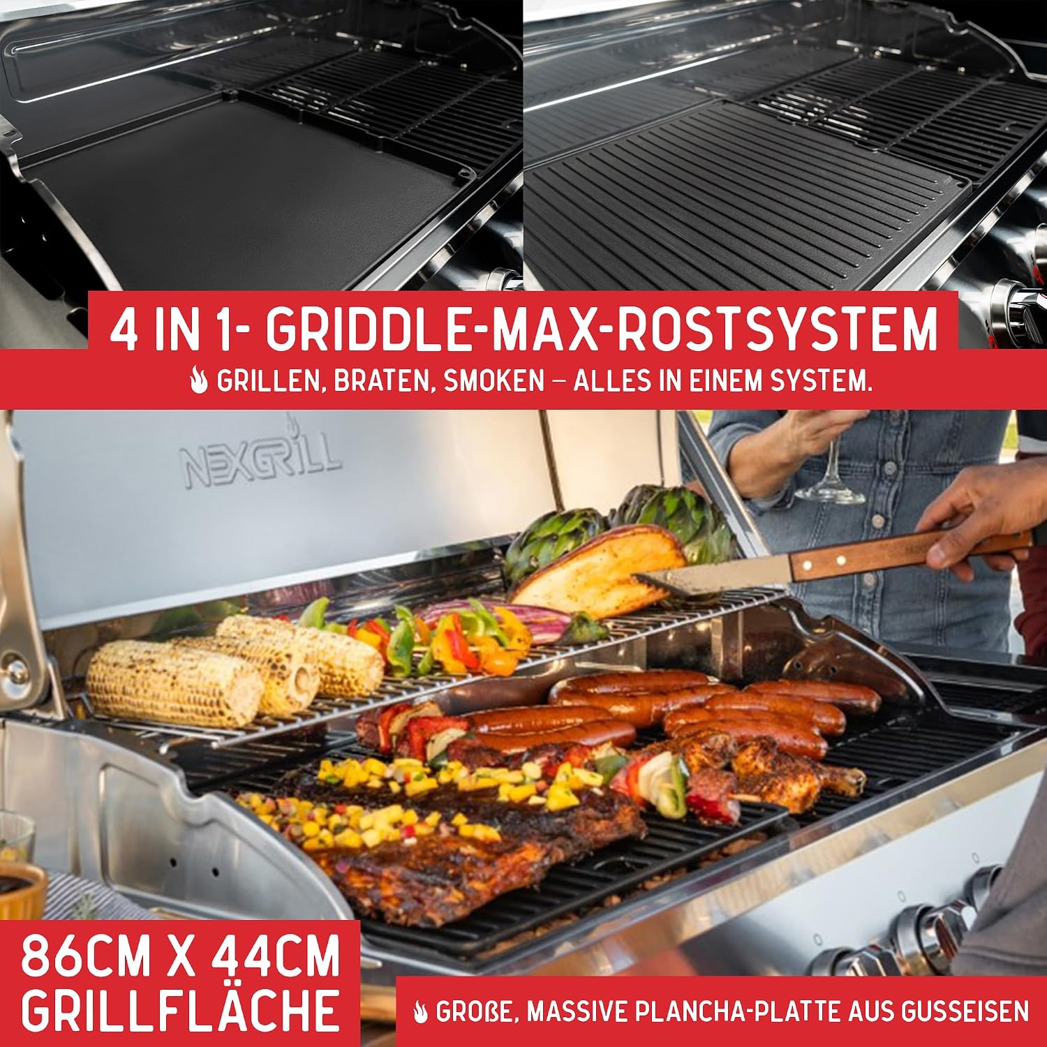 Nexgrill Gourmet Pro 6-Brenner Gasgrill mit Keramik-Seitenbrenner, Plancha Griddle-Max System, porzellanbeschichtetem Gusseisenrost & Edelstahlbrennern – Ideal für Garten, Balkon & BBQ-Event 4 Nexgrill Gourmet Pro 6-Brenner Gasgrill mit Keramik-Seitenbrenner, Plancha Griddle-Max System, porzellanbeschichtetem Gusseisenrost & Edelstahlbrennern – Ideal für Garten, Balkon & BBQ-Event – Bild 4