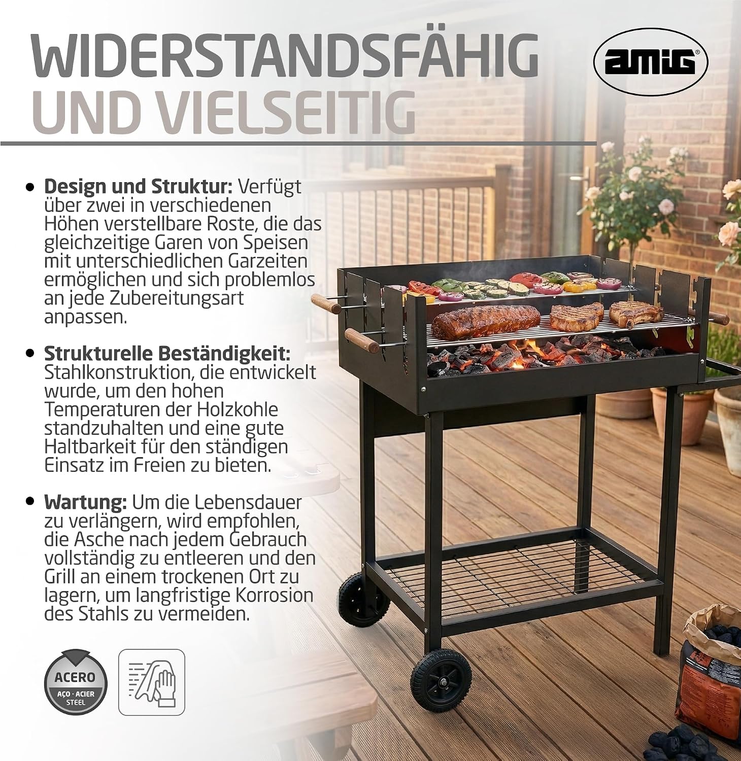 Amig - Holzkohlegrill - 94 x 51 x 93 cm - Schwarz - Aus Stahl gefertigt - für Garten und Terrasse mit Familiennutzung und einfachem Aufbau, bequemer Reinigung und konsistenter Qualität. Mod. DRAKEN 4 Amig - Holzkohlegrill - 94 x 51 x 93 cm - Schwarz - Aus Stahl gefertigt - für Garten und Terrasse mit Familiennutzung und einfachem Aufbau, bequemer Reinigung und konsistenter Qualität. Mod. DRAKEN – Bild 4