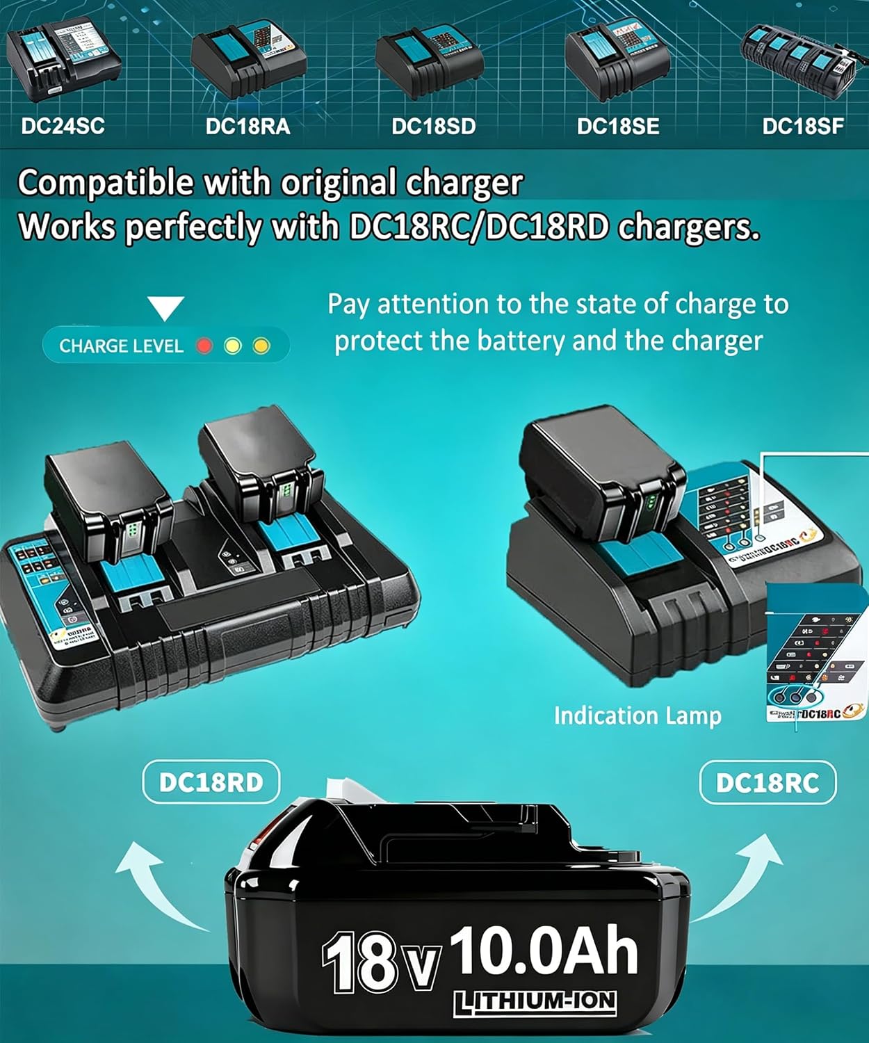4X 18V 10Ah Ersatzakku für makita akku + Dual Port 6A Ladegerät BL1860B BL1850B BL1840 BL1830 BL1835 BL1845 194205-L1845 BL1890 BL1415 BL1430 BL1440 BL1835 194205-3 LXT-400 with LED Werkzeugakku 5 4X 18V 10Ah Ersatzakku für makita akku + Dual Port 6A Ladegerät BL1860B BL1850B BL1840 BL1830 BL1835 BL1845 194205-L1845 BL1890 BL1415 BL1430 BL1440 BL1835 194205-3 LXT-400 with LED Werkzeugakku – Bild 5