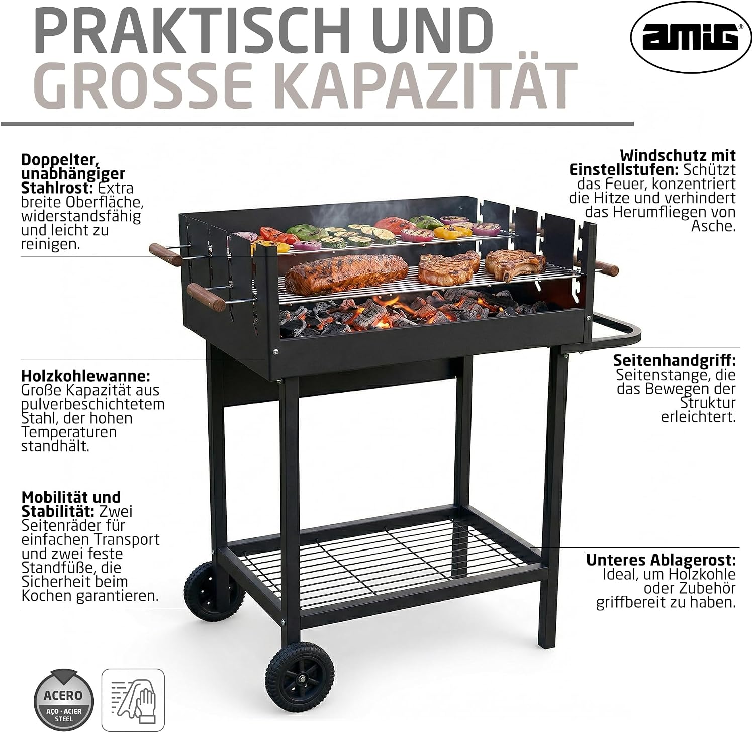 Amig - Holzkohlegrill - 94 x 51 x 93 cm - Schwarz - Aus Stahl gefertigt - für Garten und Terrasse mit Familiennutzung und einfachem Aufbau, bequemer Reinigung und konsistenter Qualität. Mod. DRAKEN 3 Amig - Holzkohlegrill - 94 x 51 x 93 cm - Schwarz - Aus Stahl gefertigt - für Garten und Terrasse mit Familiennutzung und einfachem Aufbau, bequemer Reinigung und konsistenter Qualität. Mod. DRAKEN – Bild 3