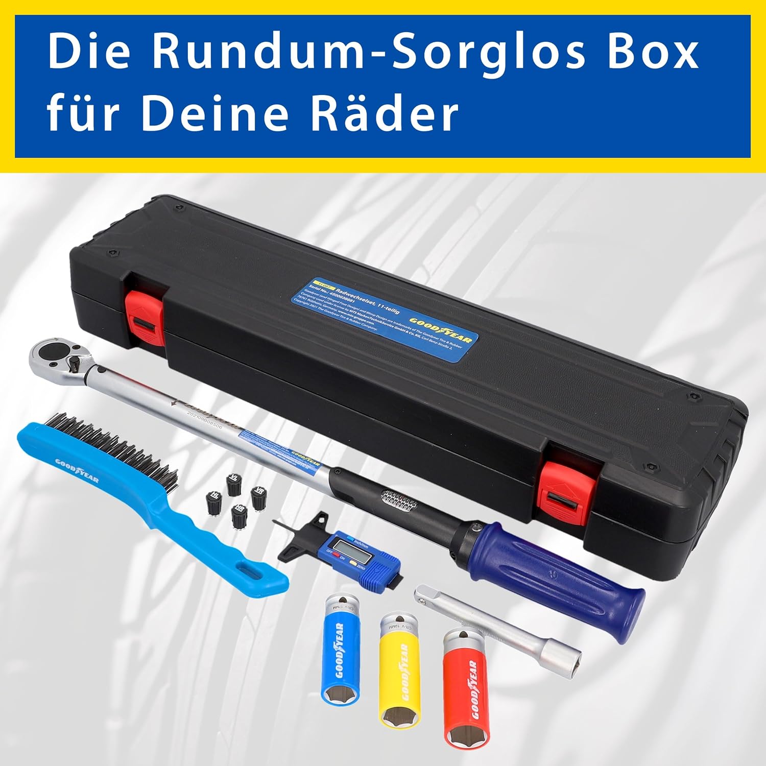Goodyear Radwechselset, 11-teilig, Drehmomentschlüssel + 3-TLG. Steckschlüsselsatz + Verlängerung + div. Zubehör, Box 3 Goodyear Radwechselset, 11-teilig, Drehmomentschlüssel + 3-TLG. Steckschlüsselsatz + Verlängerung + div. Zubehör, Box – Bild 3
