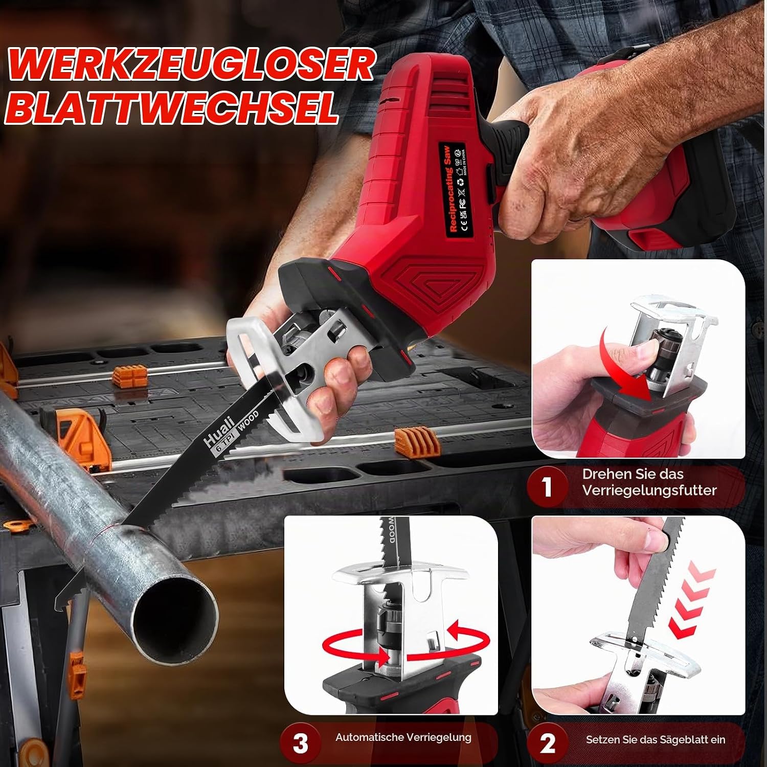 Akku-Säbelsäge, 21V Bürstenlose Reciprosäge mit 2x2,0Ah Akkus und 8 Sägeblättern, 0-4000 RPM Variable Geschwindigkeit, Vibrationsarme Elektrosäge für Holz, Metall, PVC und Astschnitt - Rot 3 Akku-Säbelsäge, 21V Bürstenlose Reciprosäge mit 2x2,0Ah Akkus und 8 Sägeblättern, 0-4000 RPM Variable Geschwindigkeit, Vibrationsarme Elektrosäge für Holz, Metall, PVC und Astschnitt - Rot – Bild 3