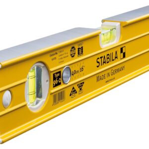 STABILA Wasserwaage Type 96-2, 40 cm, extrasteifes Alu-Profil, 1 Horizontal-Libelle, 2 Vertikal-Libellen, stoßdämpfende Endkappen, integrierte Rutsch-Stopper, Made in Germany, Gelb