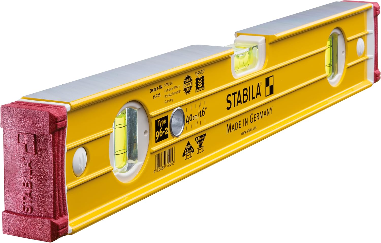 STABILA Wasserwaage Type 96-2, 40 cm, extrasteifes Alu-Profil, 1 Horizontal-Libelle, 2 Vertikal-Libellen, stoßdämpfende Endkappen, integrierte Rutsch-Stopper, Made in Germany, Gelb 1 STABILA Wasserwaage Type 96-2, 40 cm, extrasteifes Alu-Profil, 1 Horizontal-Libelle, 2 Vertikal-Libellen, stoßdämpfende Endkappen, integrierte Rutsch-Stopper, Made in Germany, Gelb