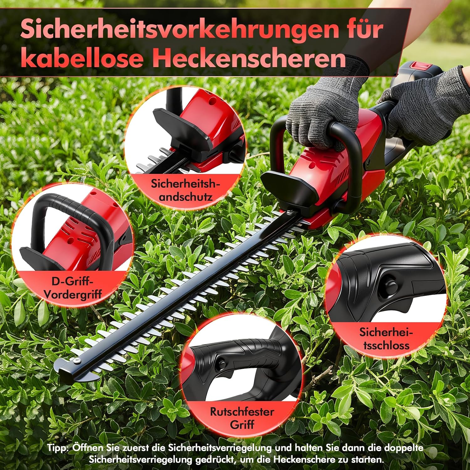 Akku Heckenschere Profi Hecken & Strauchschere, Heckenschere Elektrisch mit Akku und Ladegerät, 52cm Schwertlänge Inkl. Handschuhe, Schnittstärke 15mm Dual Schnittklingen Verstellbarer Griff 5 Akku Heckenschere Profi Hecken & Strauchschere, Heckenschere Elektrisch mit Akku und Ladegerät, 52cm Schwertlänge Inkl. Handschuhe, Schnittstärke 15mm Dual Schnittklingen Verstellbarer Griff – Bild 5