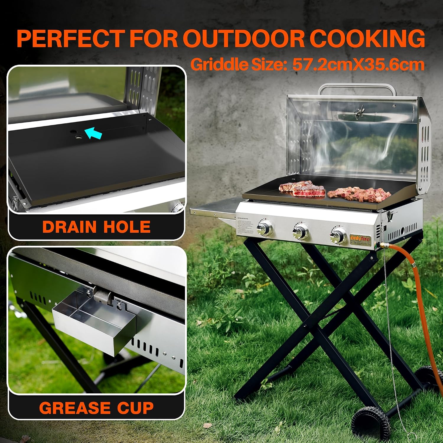 Onlyfire BBQ Gasgrill Grillwagen | Plancha Gasgrill 3 Brenner | mit Faltbarem Rollwagen, Keramische Lackbeschichtung Grillplatte, Rollen | Grillfläche 57x36cm | 7Kw | für Outdoor Camping Balkon Garten 5 Onlyfire BBQ Gasgrill Grillwagen | Plancha Gasgrill 3 Brenner | mit Faltbarem Rollwagen, Keramische Lackbeschichtung Grillplatte, Rollen | Grillfläche 57x36cm | 7Kw | für Outdoor Camping Balkon Garten – Bild 5