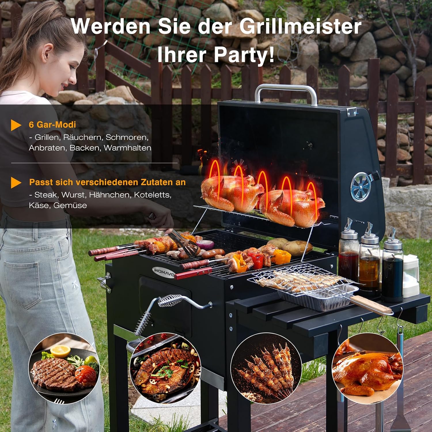 HOMAVO Holzkohlegrill, Klappbarer Grill mit Deckel, Grillfläche 56×42,5 cm, Höhenverstellbarer Kohlekorb, Klappbarer Seitentisch und Schutzhülle inklusive 5 HOMAVO Holzkohlegrill, Klappbarer Grill mit Deckel, Grillfläche 56×42,5 cm, Höhenverstellbarer Kohlekorb, Klappbarer Seitentisch und Schutzhülle inklusive – Bild 5