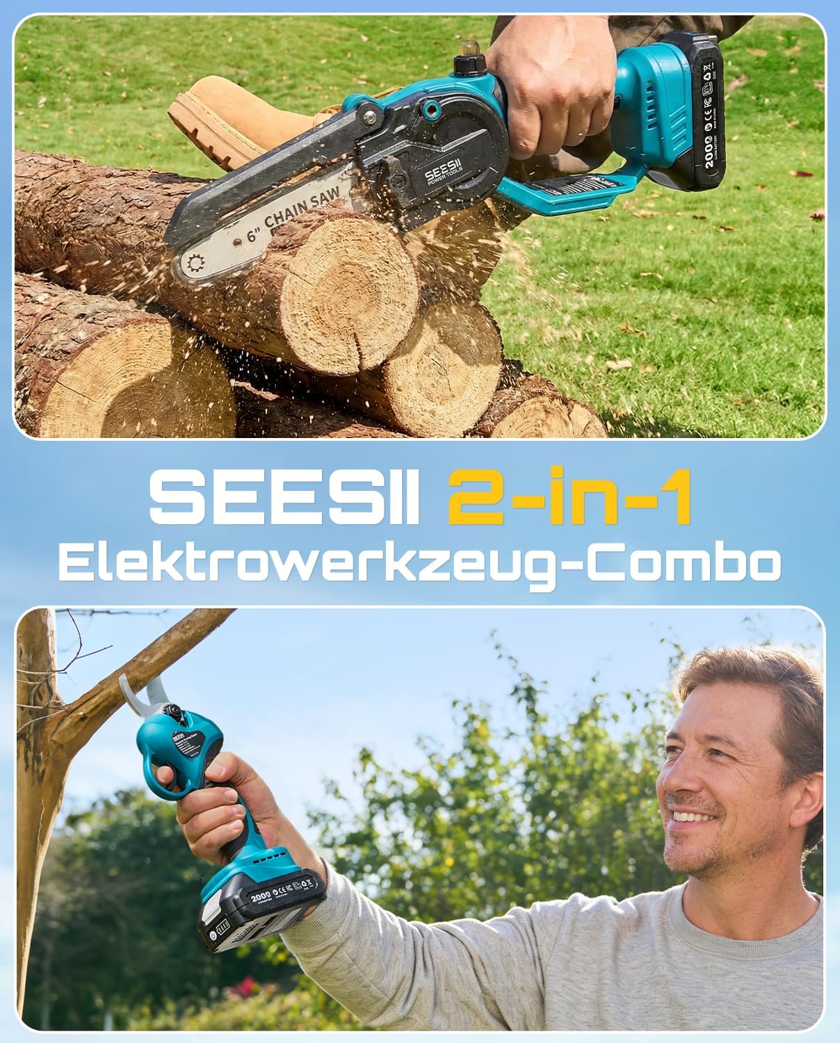 SEESII 6 Zoll Mini Akku Kettensäge, 2-in-1 Elektrische Astschere für Stamm 2 SEESII 6 Zoll Mini Akku Kettensäge, 2-in-1 Elektrische Astschere für Stamm – Bild 2