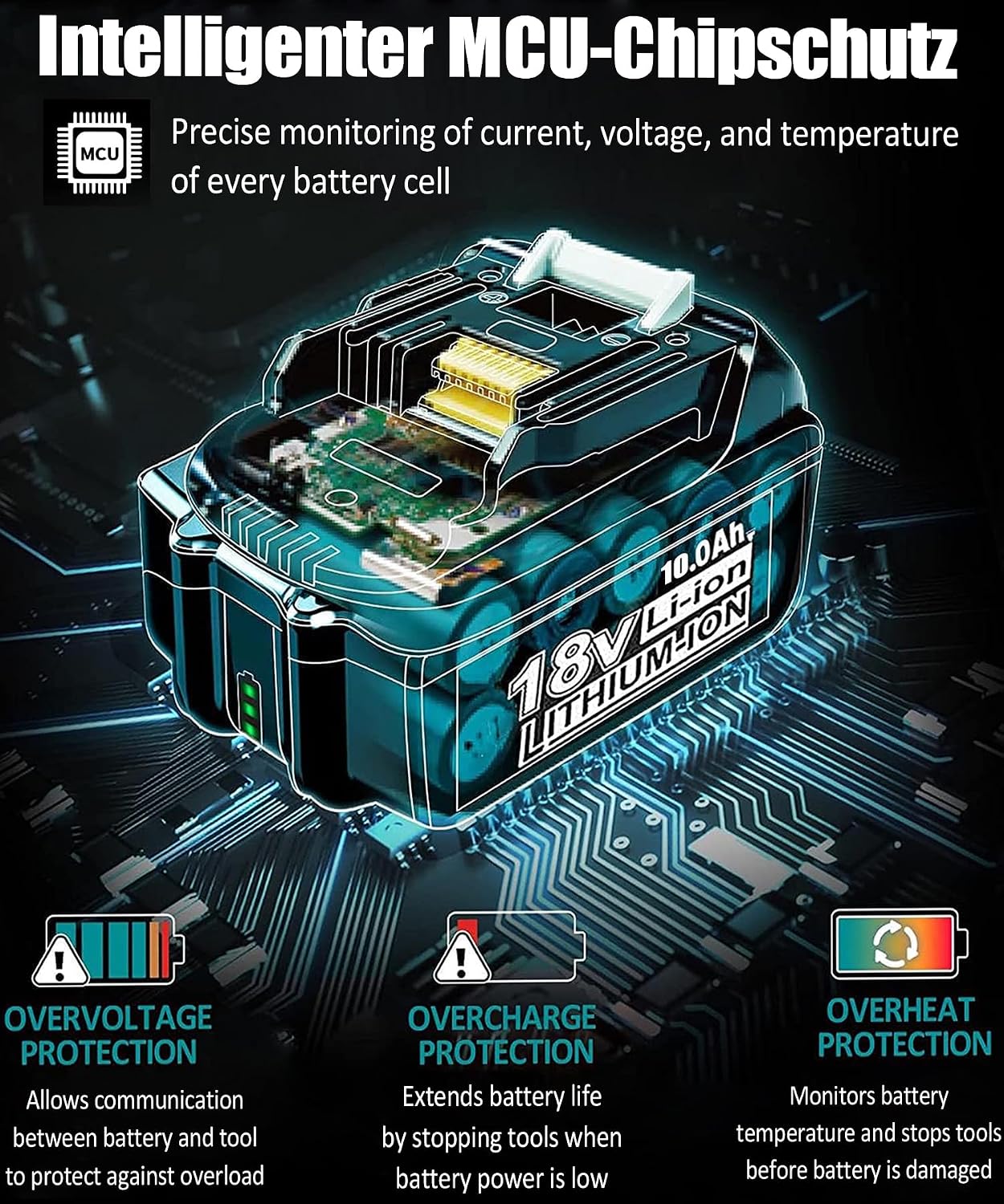 4X 18V 10Ah Ersatzakku für makita akku + Dual Port 6A Ladegerät BL1860B BL1850B BL1840 BL1830 BL1835 BL1845 194205-L1845 BL1890 BL1415 BL1430 BL1440 BL1835 194205-3 LXT-400 with LED Werkzeugakku 2 4X 18V 10Ah Ersatzakku für makita akku + Dual Port 6A Ladegerät BL1860B BL1850B BL1840 BL1830 BL1835 BL1845 194205-L1845 BL1890 BL1415 BL1430 BL1440 BL1835 194205-3 LXT-400 with LED Werkzeugakku – Bild 2