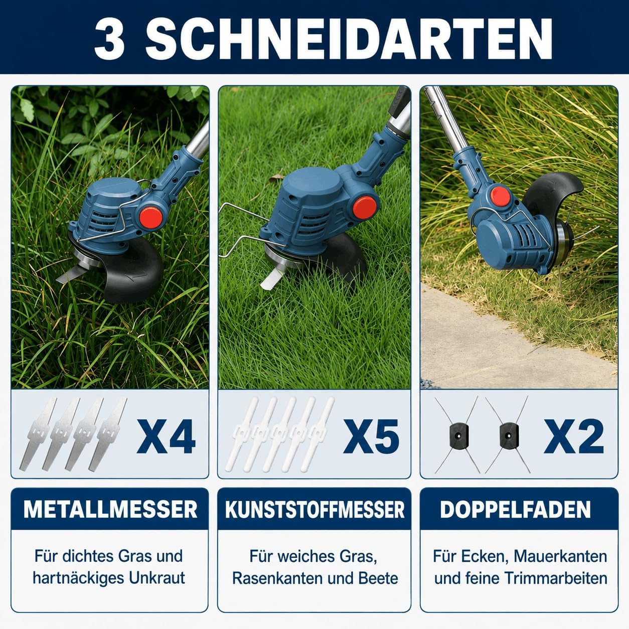 Akku Rasentrimmer mit Akku mit 3 Akkus und 3 Klingentypens 4 Akku Rasentrimmer mit Akku mit 3 Akkus und 3 Klingentypens – Bild 4