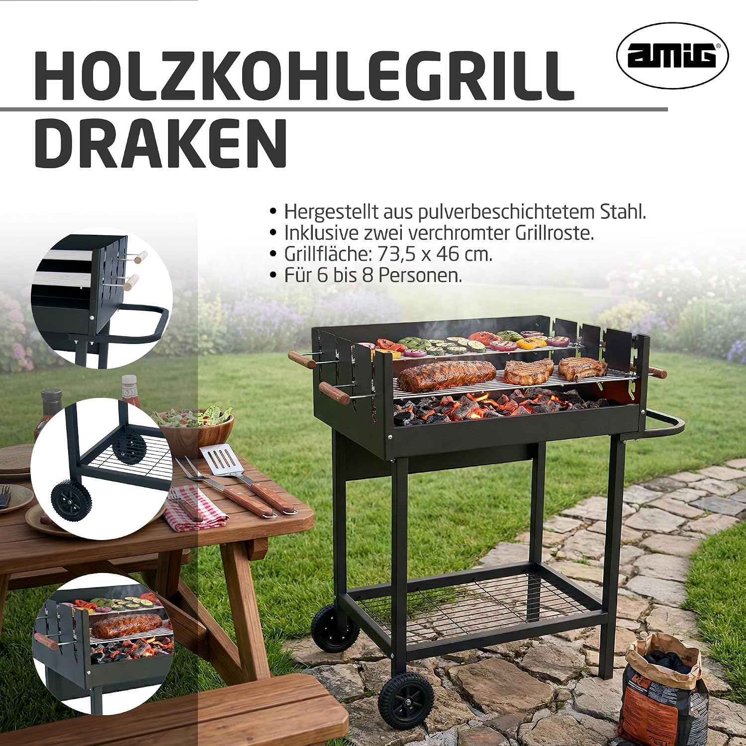 Amig - Holzkohlegrill - 94 x 51 x 93 cm - Schwarz - Aus Stahl gefertigt - für Garten und Terrasse mit Familiennutzung und einfachem Aufbau, bequemer Reinigung und konsistenter Qualität. Mod. DRAKEN 2 Amig - Holzkohlegrill - 94 x 51 x 93 cm - Schwarz - Aus Stahl gefertigt - für Garten und Terrasse mit Familiennutzung und einfachem Aufbau, bequemer Reinigung und konsistenter Qualität. Mod. DRAKEN – Bild 2