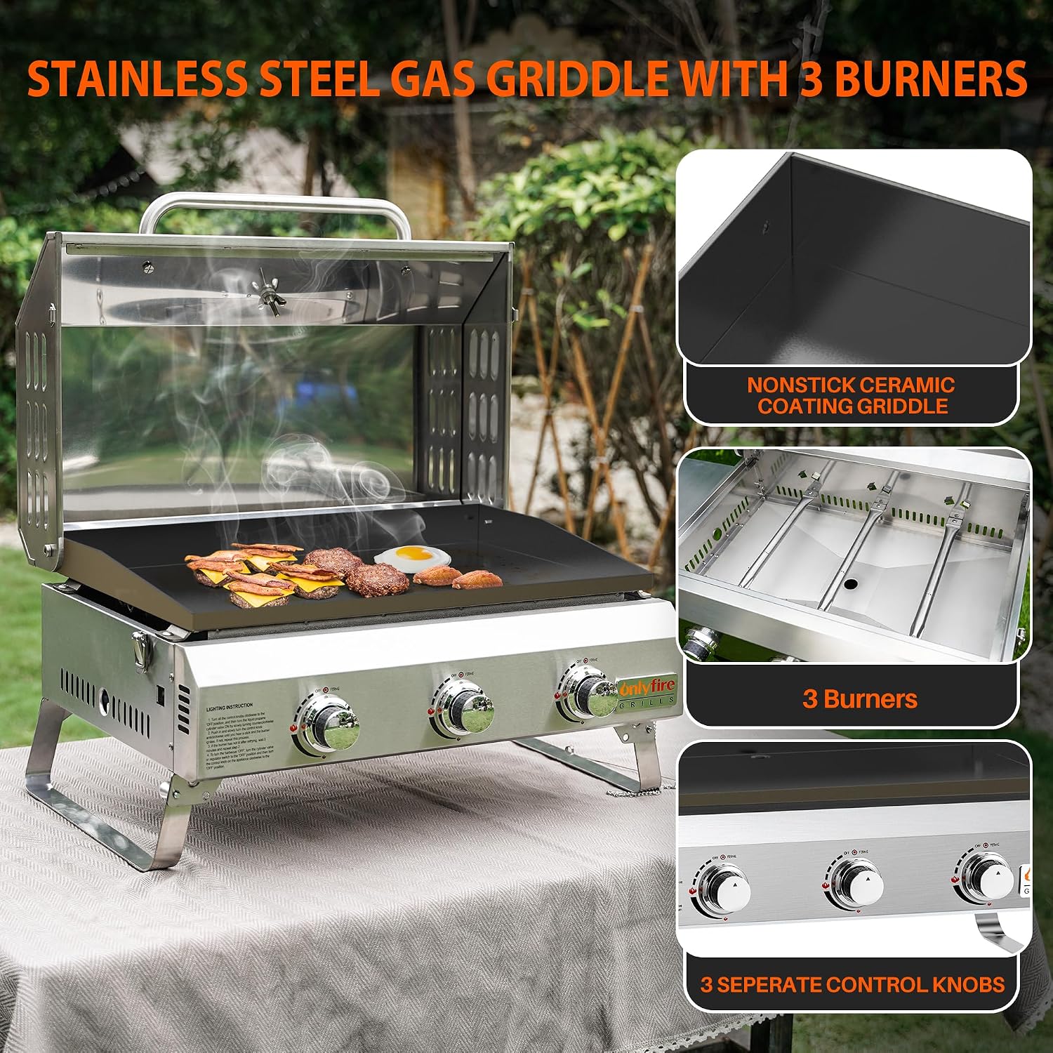 Onlyfire Tischgasgrill mit 3 Brenner | Edelstahl Plancha Gasgrill | mit Deckel, Grillplatte, Thermometer | Grillfläche 57 x 36 cm | Keramische Lackbeschichtung | BBQ Camping | Tragbarer Balkongrill 3 Onlyfire Tischgasgrill mit 3 Brenner | Edelstahl Plancha Gasgrill | mit Deckel, Grillplatte, Thermometer | Grillfläche 57 x 36 cm | Keramische Lackbeschichtung | BBQ Camping | Tragbarer Balkongrill – Bild 3
