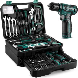 238-tlg Werkzeugkoffer Gefüllt: DEKO Werkzeugset mit 12V Akkubohrer,Schubladen-Werkzeugkasten (einfach Zugriff),für Männer/Frauen – Hausreparaturen, Fahrzeugwartung,Heimwerken(Grün)