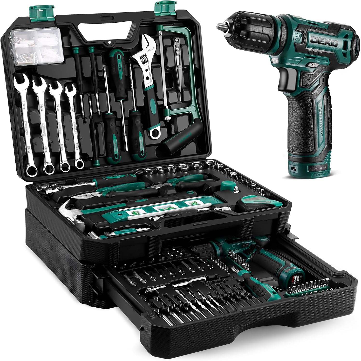 238-tlg Werkzeugkoffer Gefüllt: DEKO Werkzeugset mit 12V Akkubohrer,Schubladen-Werkzeugkasten (einfach Zugriff),für Männer/Frauen – Hausreparaturen, Fahrzeugwartung,Heimwerken(Grün) 1 238-tlg Werkzeugkoffer Gefüllt: DEKO Werkzeugset mit 12V Akkubohrer,Schubladen-Werkzeugkasten (einfach Zugriff),für Männer/Frauen – Hausreparaturen, Fahrzeugwartung,Heimwerken(Grün)