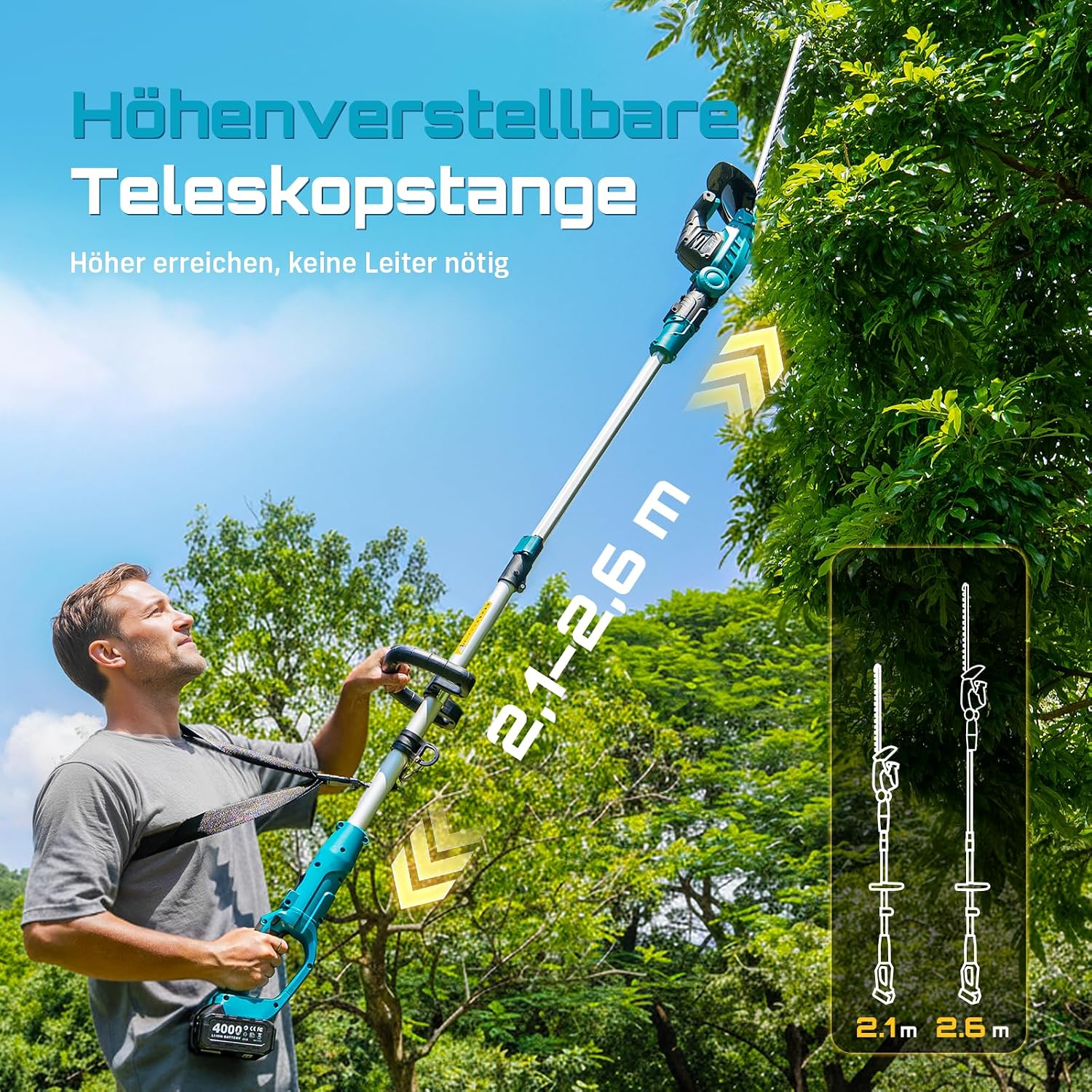 SEESII 20V Teleskop Heckenschere Akku, 2-in-1 Design, 53 cm Doppelmesser 4 SEESII 20V Teleskop Heckenschere Akku, 2-in-1 Design, 53 cm Doppelmesser – Bild 4