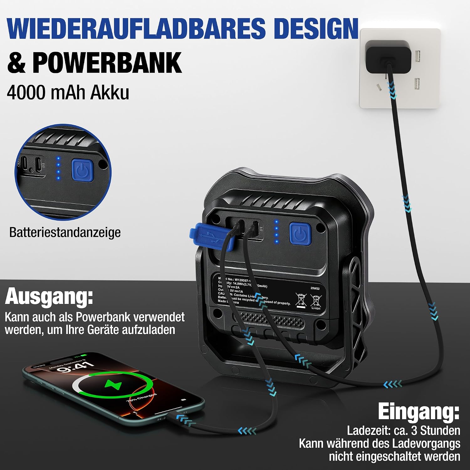 WORKPRO Akku LED Arbeitsleuchte 2000lm, 5 Lichtmodi, Magnetfuß 5 WORKPRO Akku LED Arbeitsleuchte 2000lm, 5 Lichtmodi, Magnetfuß – Bild 5