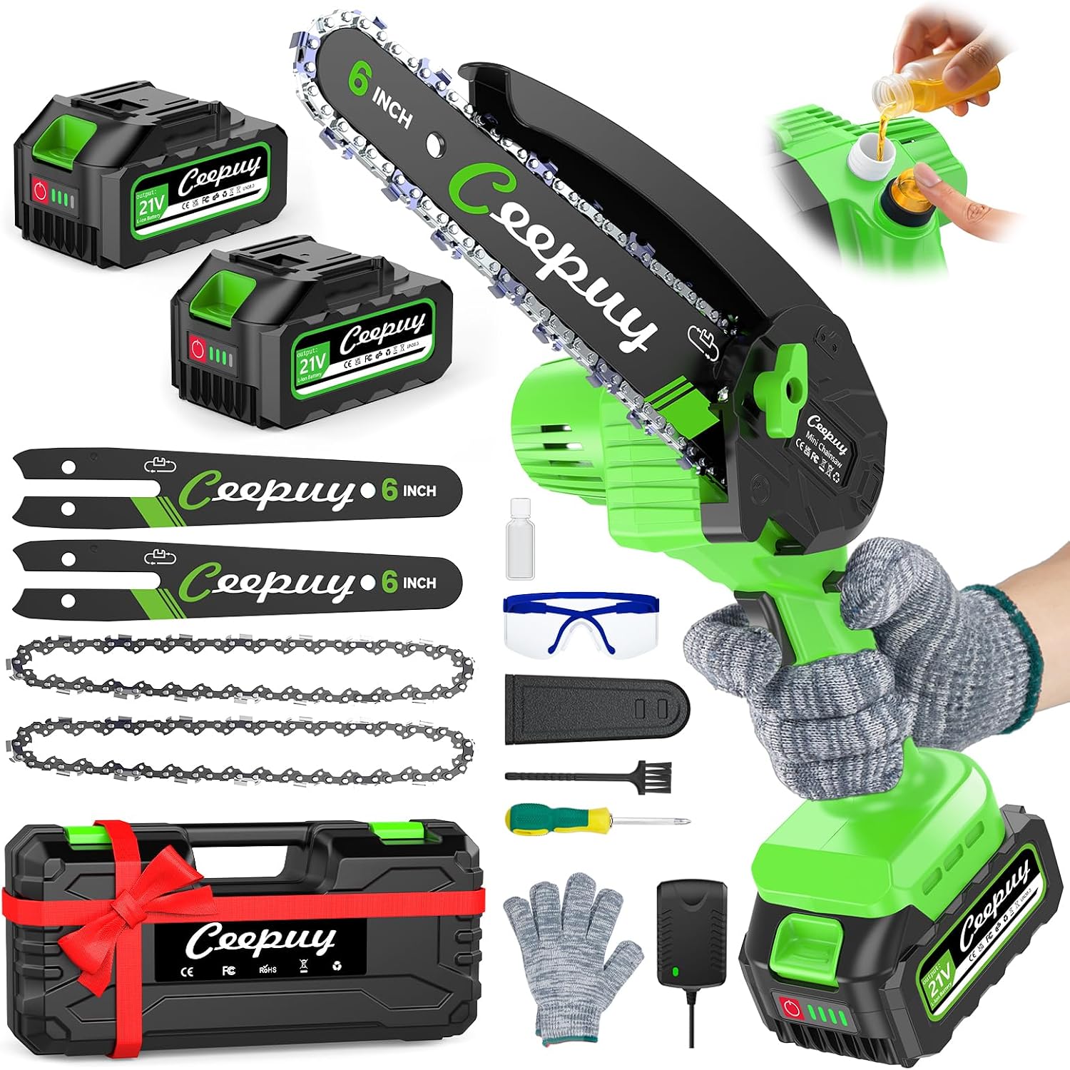 CEEPUY 6 Zoll Mini Akku-Kettensäge 2 x 4000 mAh elektrische Säge zum Beschneiden mit Ölpumpe, Handkettensäge zum Schneiden von Holz und Gärten