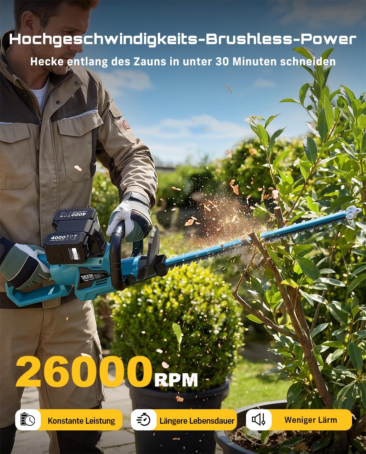 SEESII 40V Heckenschere Akku, 61 cm Doppelmesser, 27 mm Schnittstärke 4 SEESII 40V Heckenschere Akku, 61 cm Doppelmesser, 27 mm Schnittstärke – Bild 4