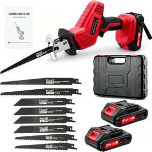 Akku-Säbelsäge, 21V Bürstenlose Reciprosäge mit 2x2,0Ah Akkus und 8 Sägeblättern, 0-4000 RPM Variable Geschwindigkeit, Vibrationsarme Elektrosäge für Holz, Metall, PVC und Astschnitt - Rot