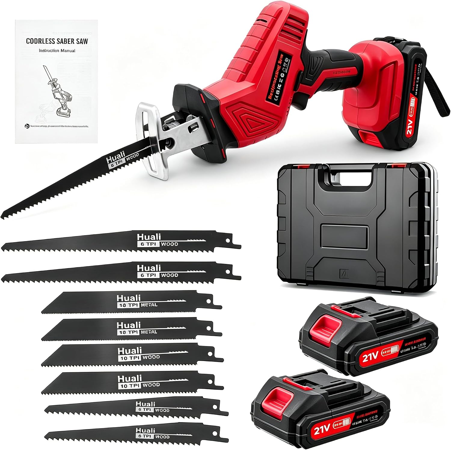 Akku-Säbelsäge, 21V Bürstenlose Reciprosäge mit 2x2,0Ah Akkus und 8 Sägeblättern, 0-4000 RPM Variable Geschwindigkeit, Vibrationsarme Elektrosäge für Holz, Metall, PVC und Astschnitt - Rot 1 Akku-Säbelsäge, 21V Bürstenlose Reciprosäge mit 2x2,0Ah Akkus und 8 Sägeblättern, 0-4000 RPM Variable Geschwindigkeit, Vibrationsarme Elektrosäge für Holz, Metall, PVC und Astschnitt - Rot