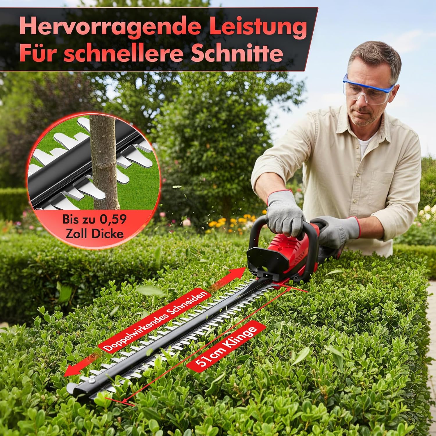Akku Heckenschere Profi Hecken & Strauchschere, Heckenschere Elektrisch mit Akku und Ladegerät, 52cm Schwertlänge Inkl. Handschuhe, Schnittstärke 15mm Dual Schnittklingen Verstellbarer Griff 4 Akku Heckenschere Profi Hecken & Strauchschere, Heckenschere Elektrisch mit Akku und Ladegerät, 52cm Schwertlänge Inkl. Handschuhe, Schnittstärke 15mm Dual Schnittklingen Verstellbarer Griff – Bild 4